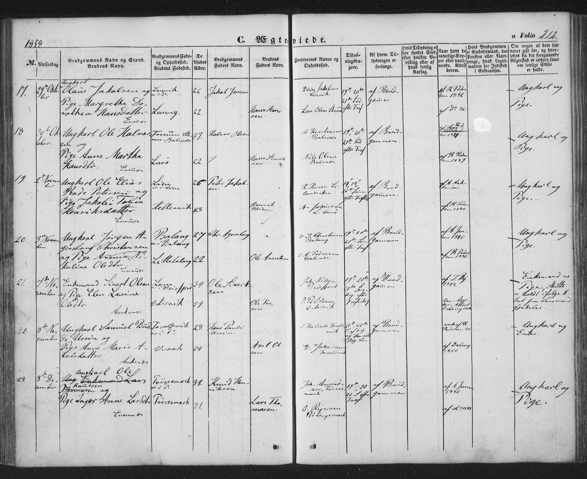 Ministerialprotokoller, klokkerbøker og fødselsregistre - Nordland, SAT/A-1459/863/L0895: Parish register (official) no. 863A07, 1851-1860, p. 212