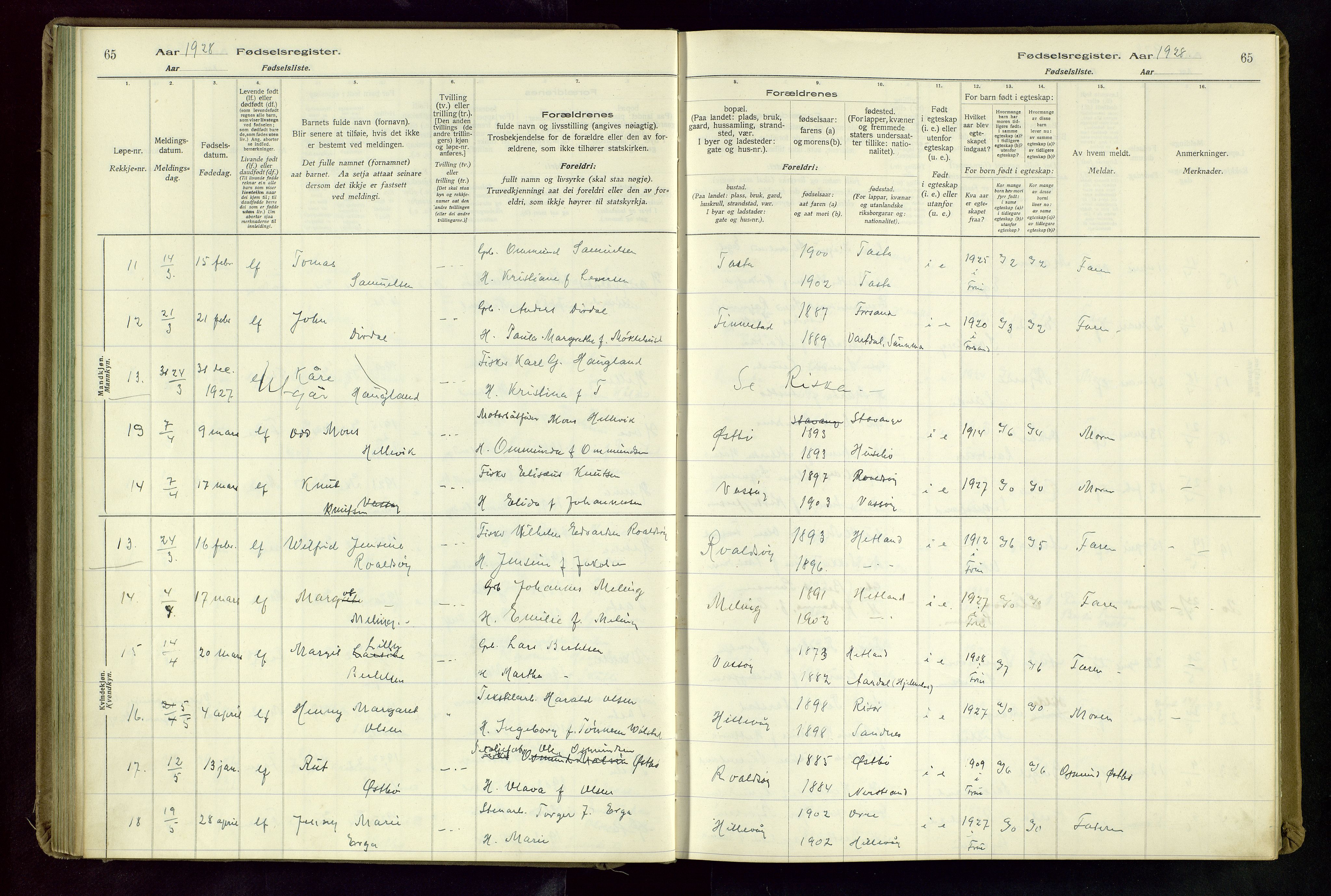 Hetland sokneprestkontor, AV/SAST-A-101826/70/704BA/L0004: Birth register no. 4, 1923-1937, p. 65