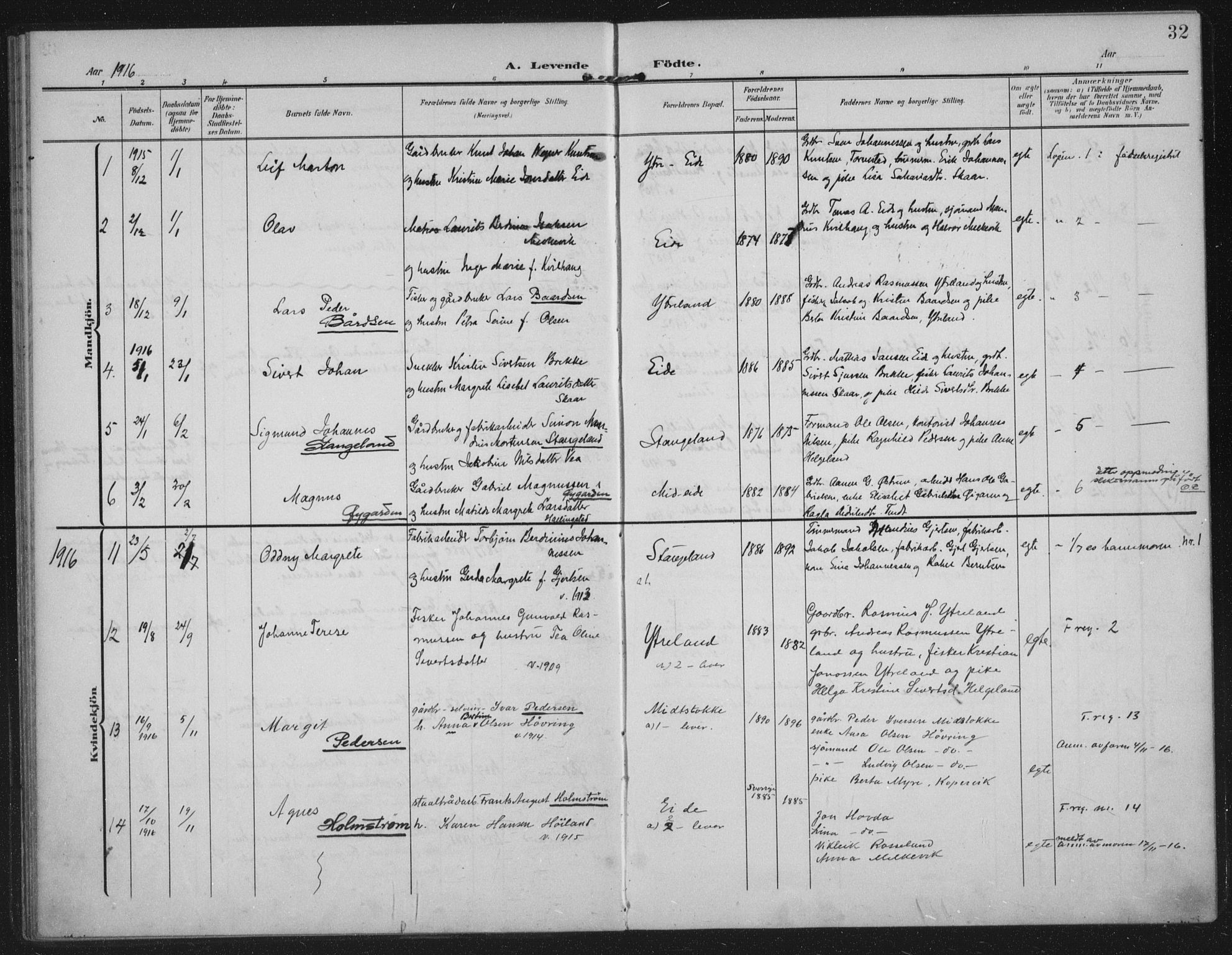 Kopervik sokneprestkontor, AV/SAST-A-101850/H/Ha/Haa/L0003: Parish register (official) no. A 3, 1906-1924, p. 32