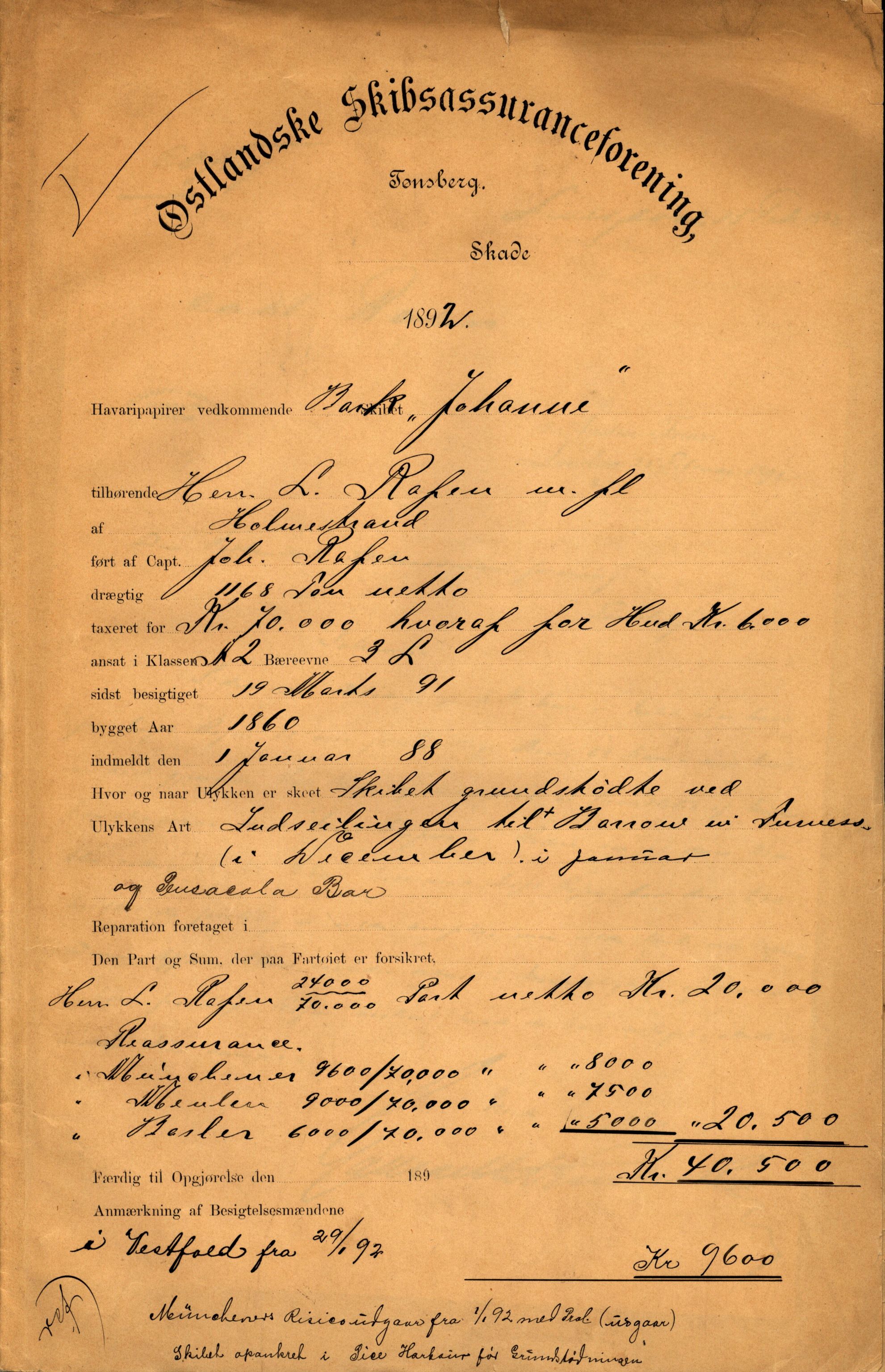 Pa 63 - Østlandske skibsassuranceforening, VEMU/A-1079/G/Ga/L0029/0002: Havaridokumenter / Johanne, Ocean, Capella, Columbus, Castro, 1892, p. 1