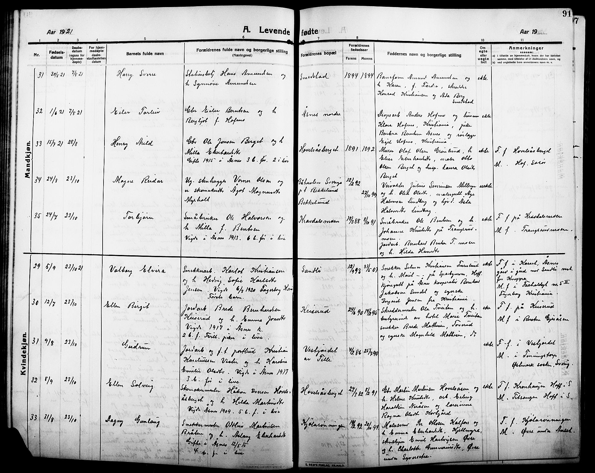 Åsnes prestekontor, AV/SAH-PREST-042/H/Ha/Hab/L0007: Parish register (copy) no. 7, 1909-1926, p. 91