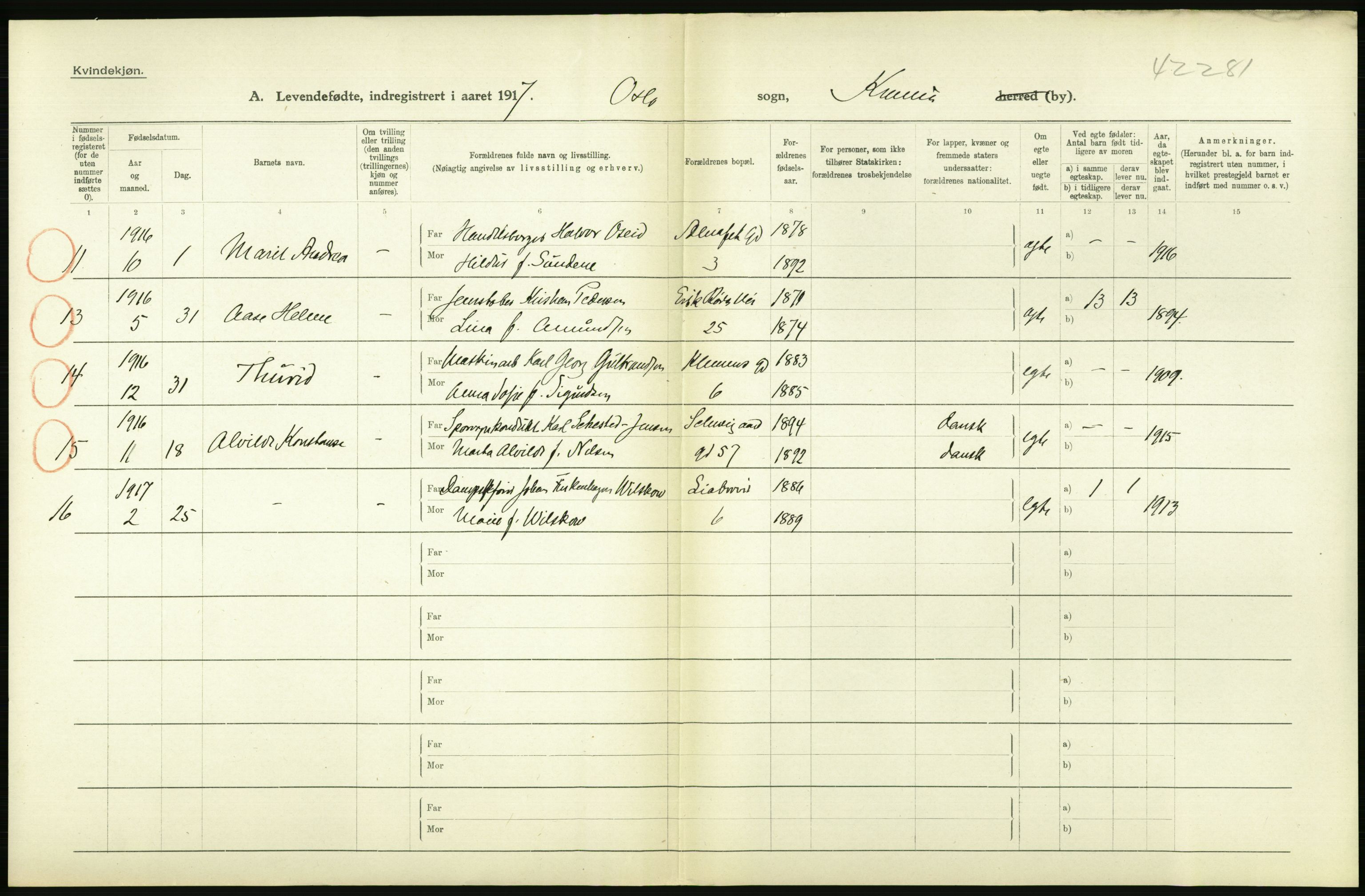 Statistisk sentralbyrå, Sosiodemografiske emner, Befolkning, AV/RA-S-2228/D/Df/Dfb/Dfbg/L0006: Kristiania: Levendefødte menn og kvinner., 1917, p. 566