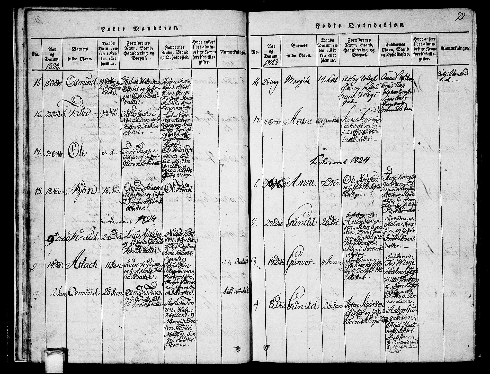 Vinje kirkebøker, SAKO/A-312/G/Ga/L0001: Parish register (copy) no. I 1, 1814-1843, p. 22