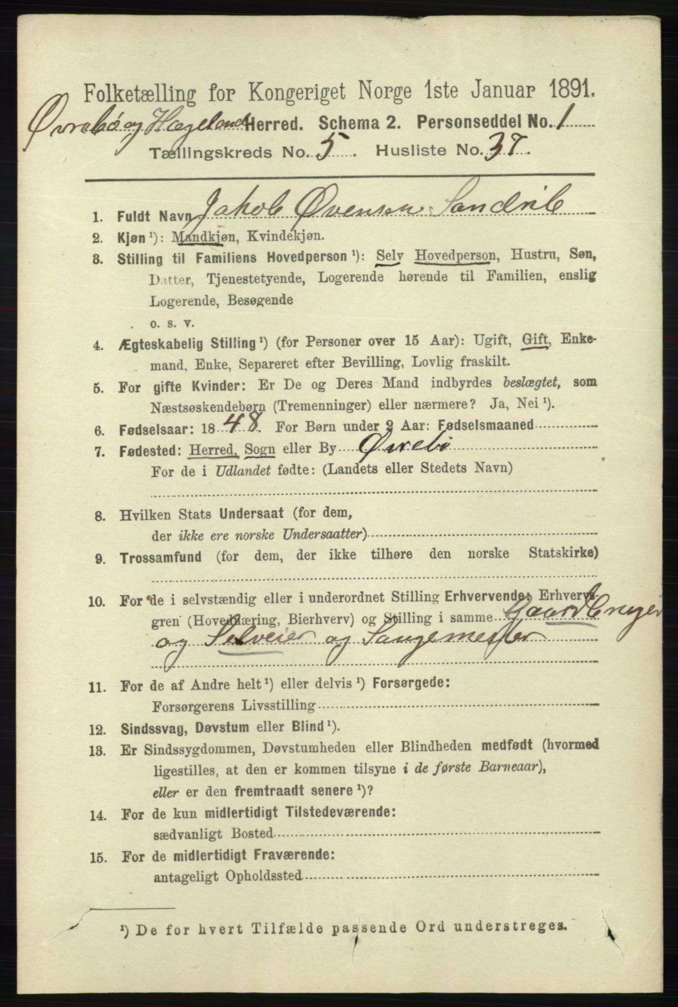 RA, 1891 census for 1016 Øvrebø og Hægeland, 1891, p. 1137