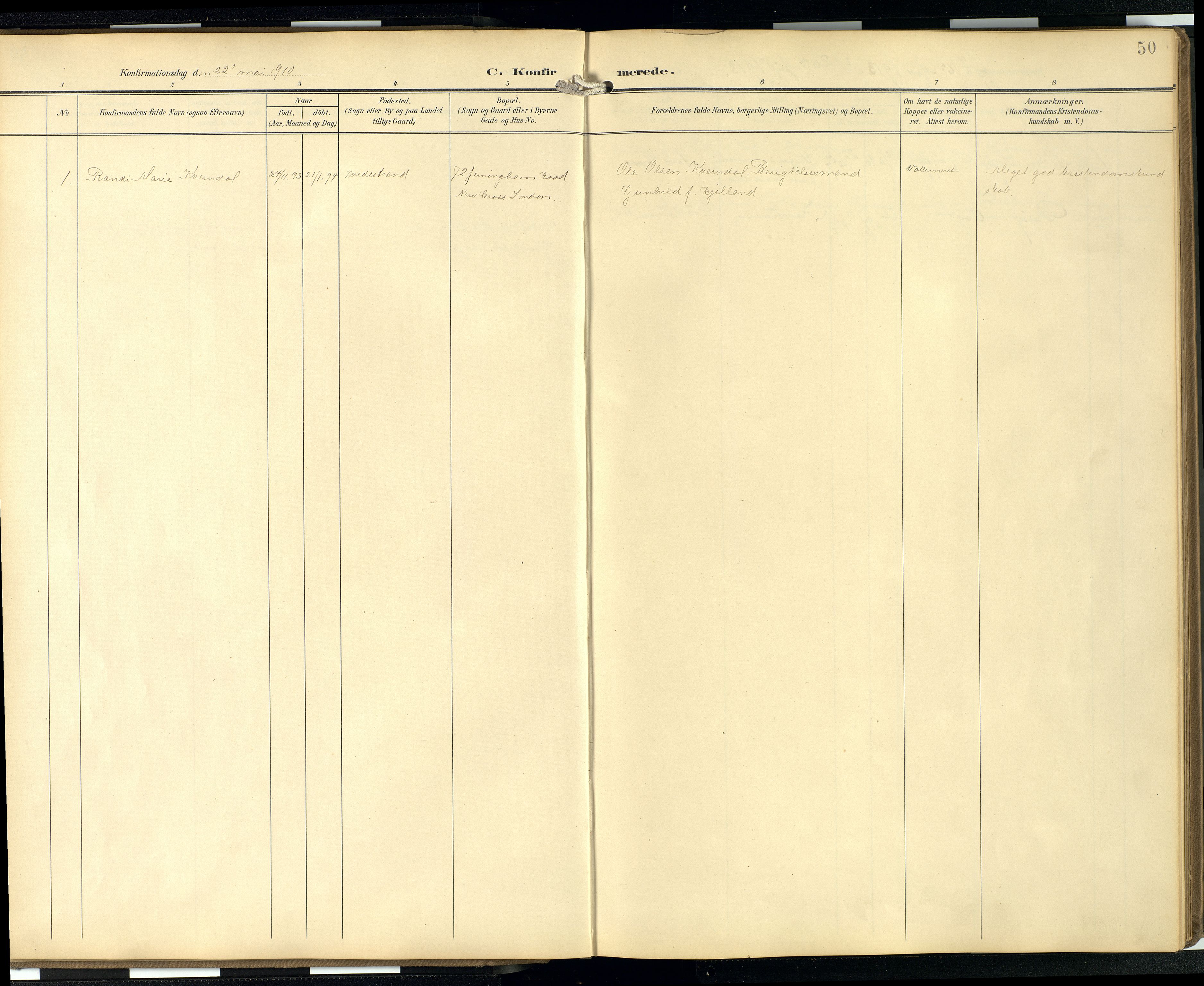  Den norske sjømannsmisjon i utlandet/London m/bistasjoner, SAB/SAB/PA-0103/H/Ha/L0003: Parish register (official) no. A 3, 1903-1934, p. 49b-50a