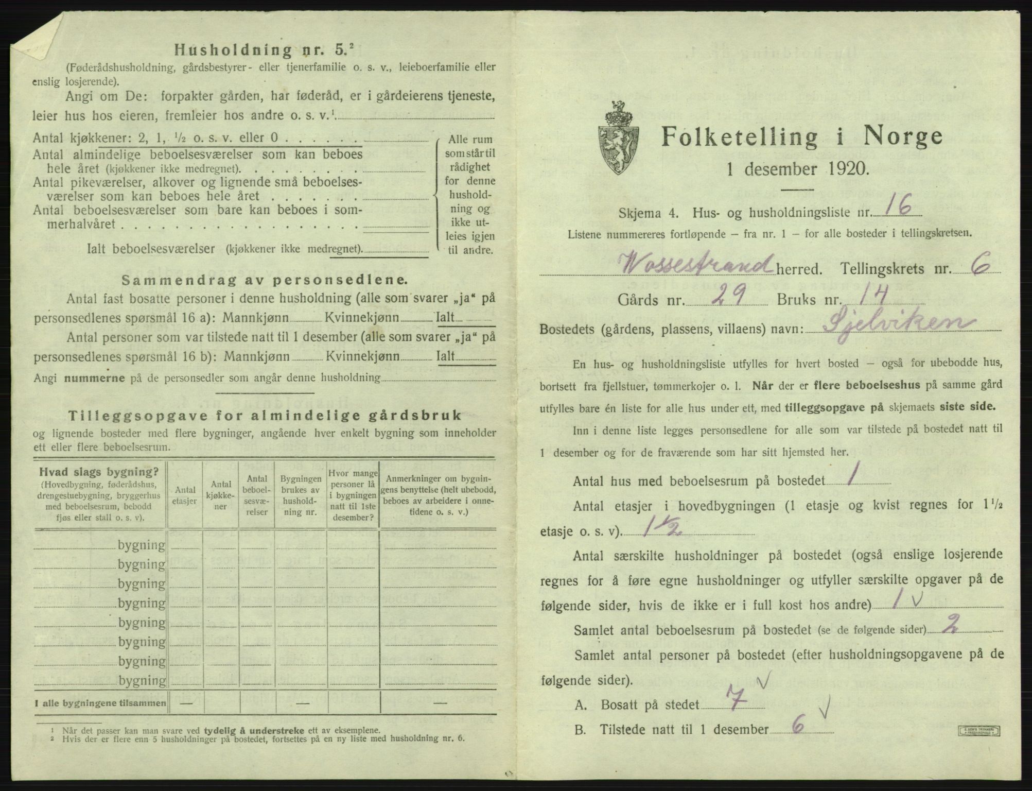 SAB, 1920 census for Vossestrand, 1920, p. 444