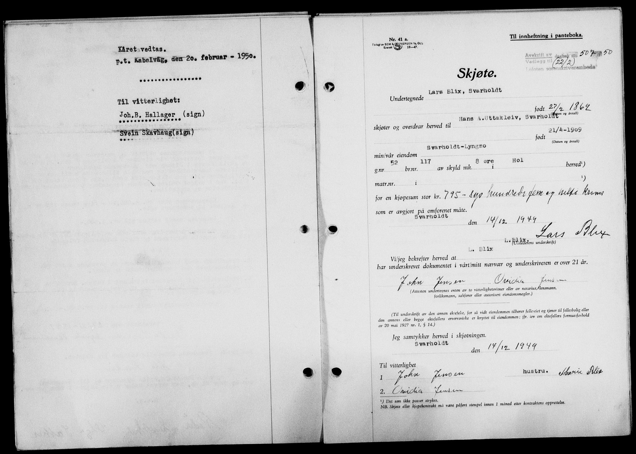 Lofoten sorenskriveri, SAT/A-0017/1/2/2C/L0023a: Mortgage book no. 23a, 1950-1950, Diary no: : 507/1950