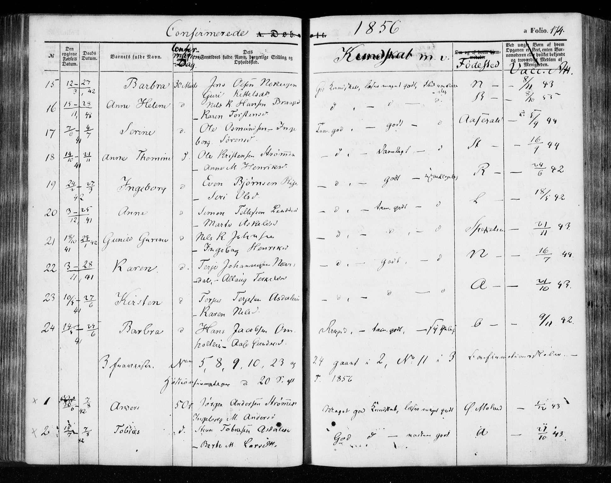 Øyestad sokneprestkontor, SAK/1111-0049/F/Fa/L0014: Parish register (official) no. A 14, 1843-1856, p. 174