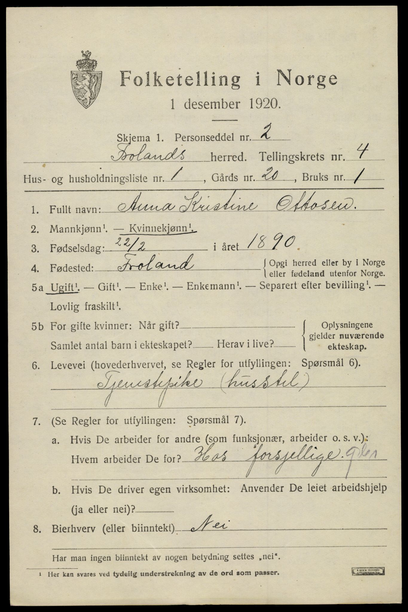 SAK, 1920 census for Froland, 1920, p. 3145