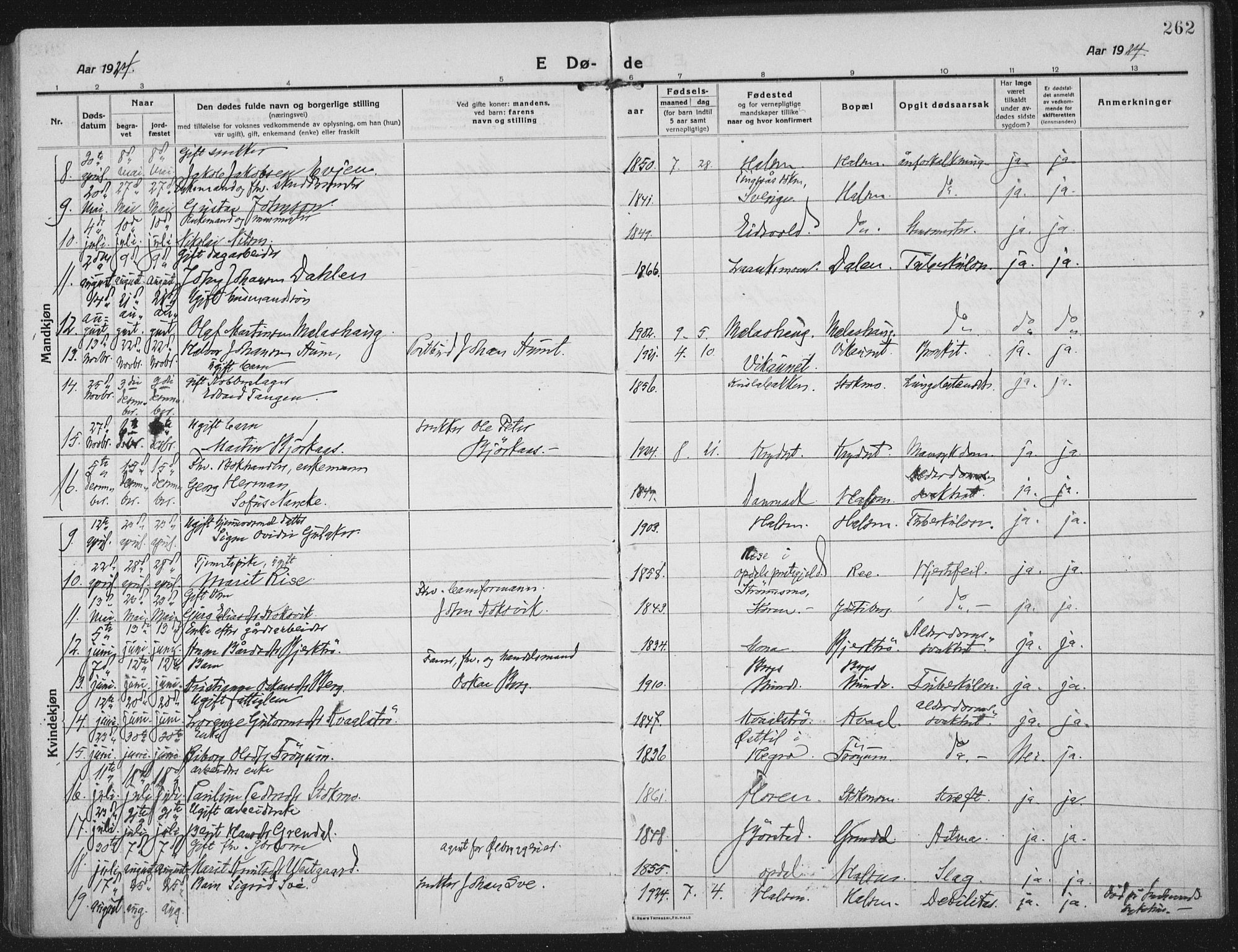 Ministerialprotokoller, klokkerbøker og fødselsregistre - Nord-Trøndelag, AV/SAT-A-1458/709/L0083: Parish register (official) no. 709A23, 1916-1928, p. 262