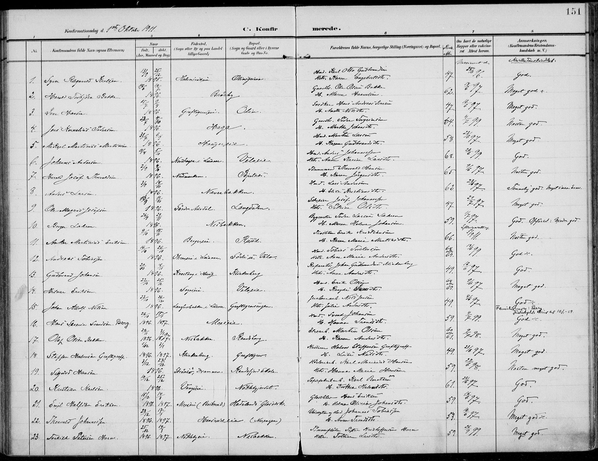 Jevnaker prestekontor, SAH/PREST-116/H/Ha/Haa/L0011: Parish register (official) no. 11, 1902-1913, p. 151