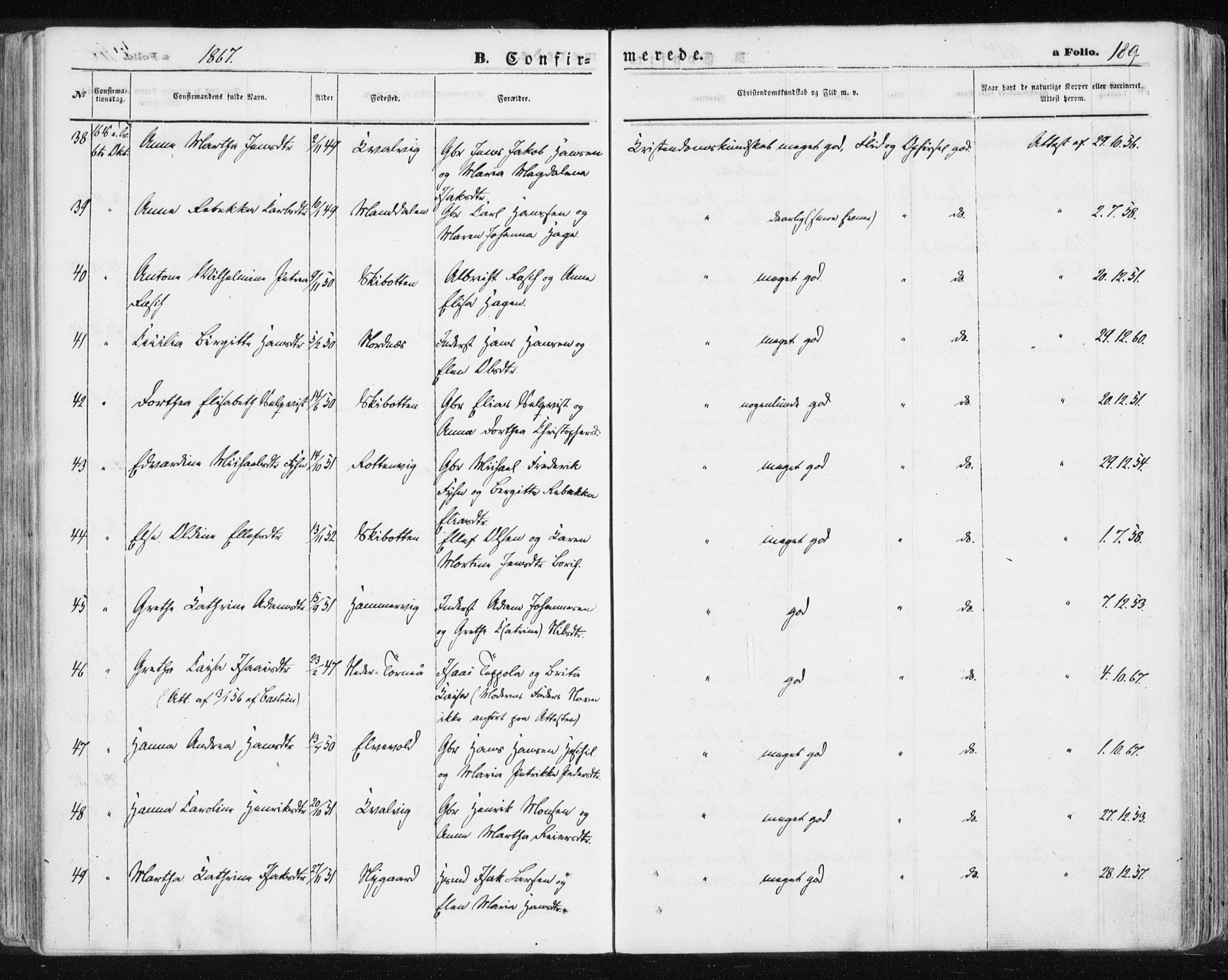 Lyngen sokneprestembete, AV/SATØ-S-1289/H/He/Hea/L0005kirke: Parish register (official) no. 5, 1859-1869, p. 189