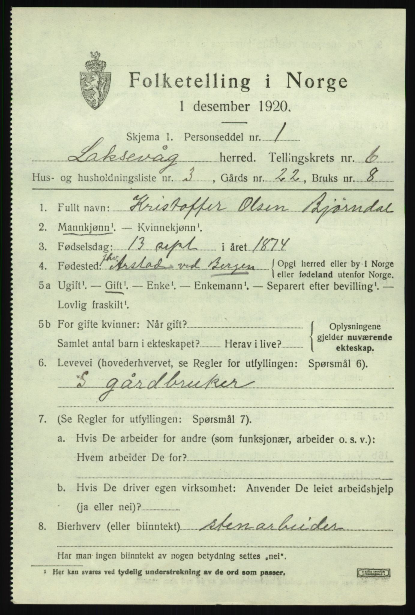 SAB, 1920 census for Laksevåg, 1920, p. 17140
