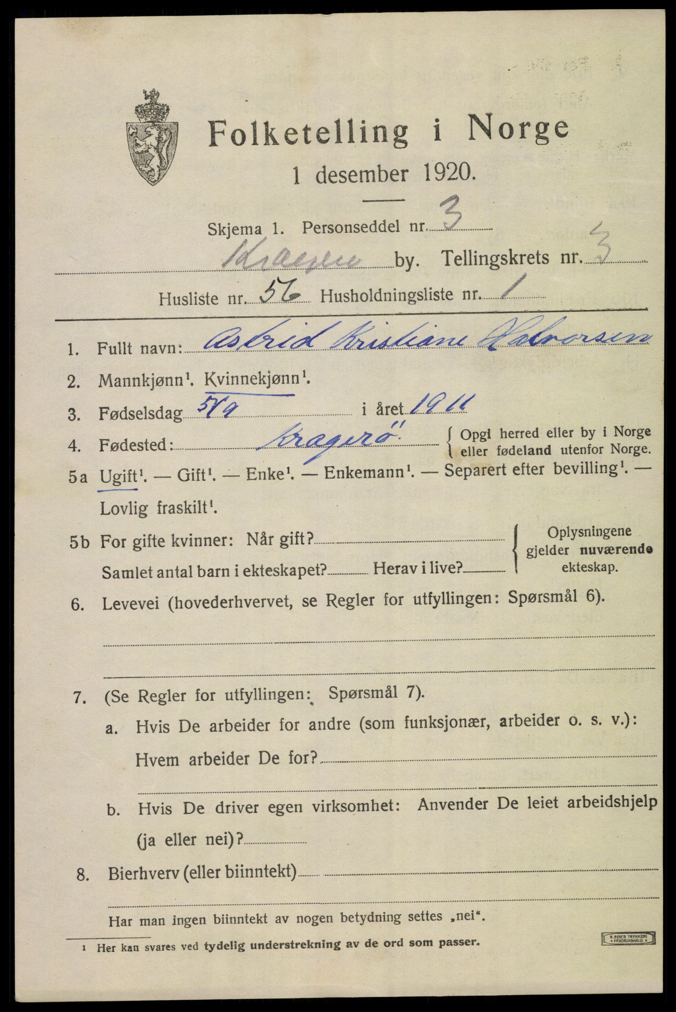 SAKO, 1920 census for Kragerø, 1920, p. 7691