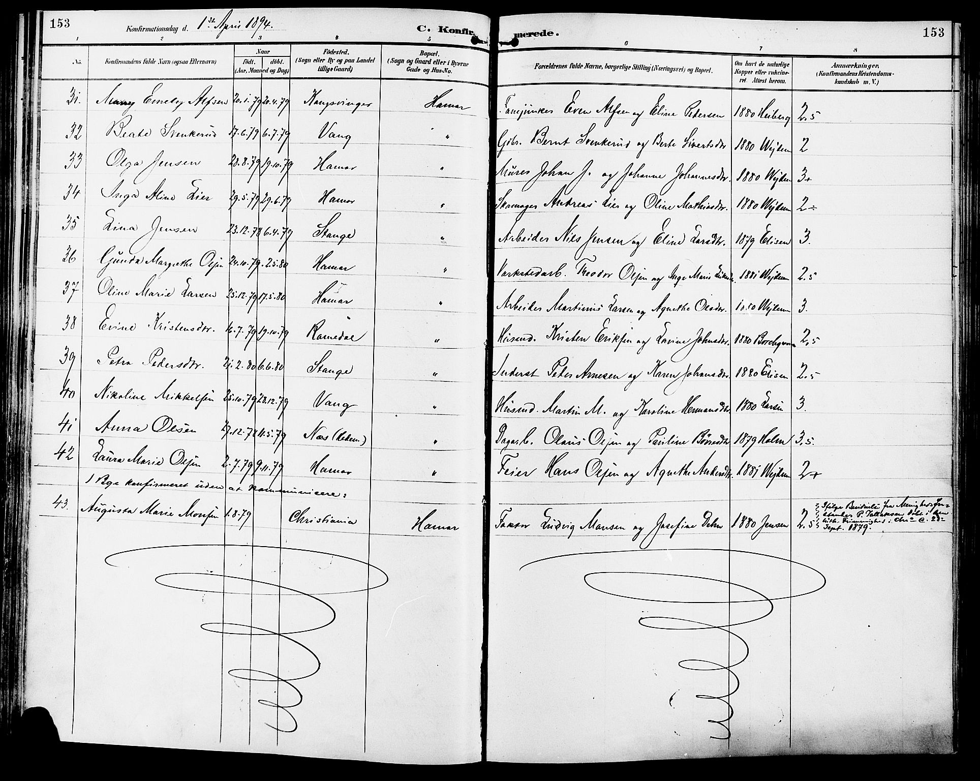 Vang prestekontor, Hedmark, AV/SAH-PREST-008/H/Ha/Haa/L0017: Parish register (official) no. 17, 1890-1899, p. 153