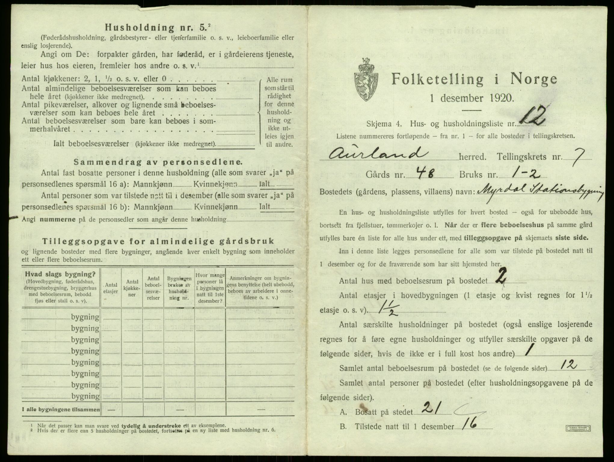 SAB, 1920 census for Aurland, 1920, p. 583