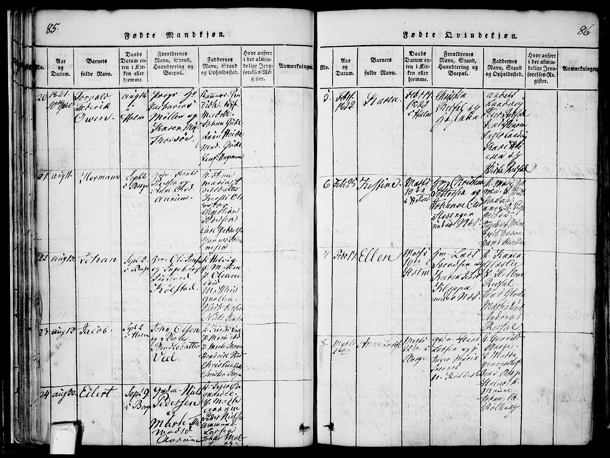 Borge prestekontor Kirkebøker, AV/SAO-A-10903/F/Fa/L0003: Parish register (official) no. I 3, 1815-1836, p. 85-86