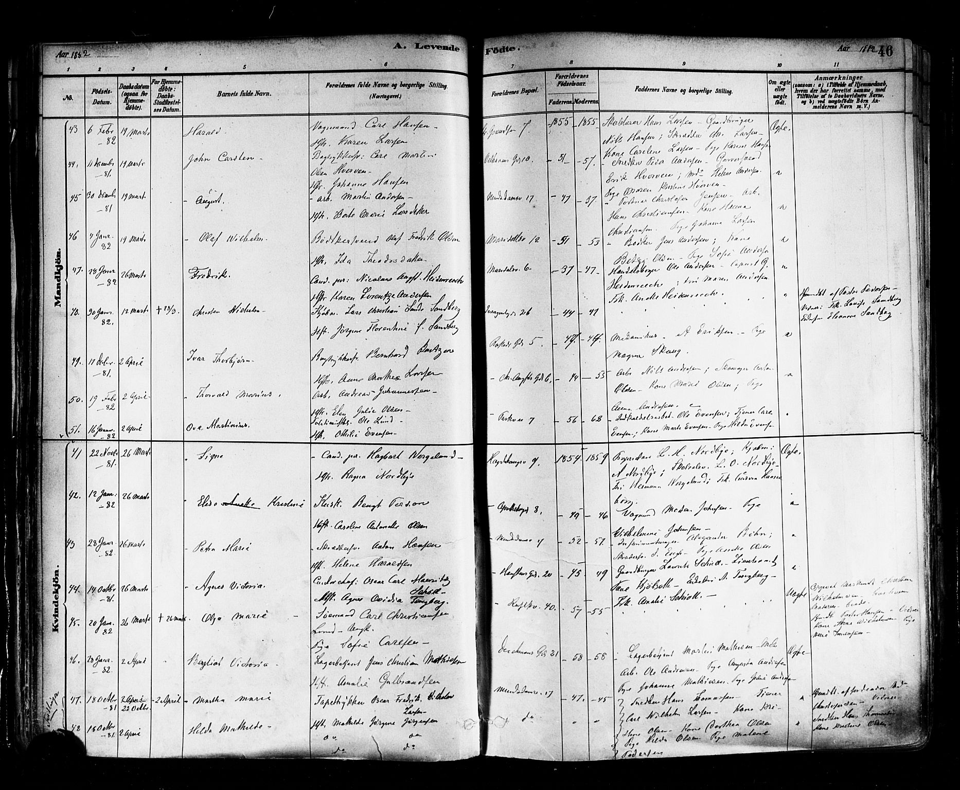 Trefoldighet prestekontor Kirkebøker, AV/SAO-A-10882/F/Fa/L0005: Parish register (official) no. I 5, 1881-1891, p. 46