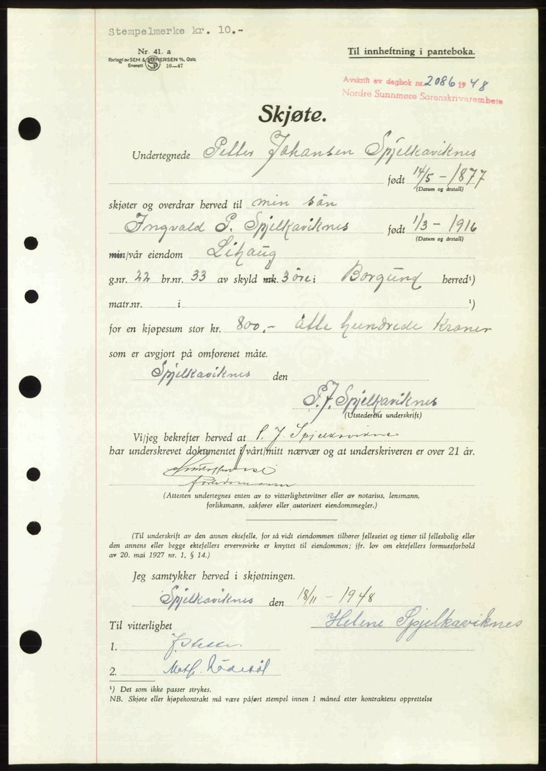 Nordre Sunnmøre sorenskriveri, AV/SAT-A-0006/1/2/2C/2Ca: Mortgage book no. A29, 1948-1949, Diary no: : 2086/1948