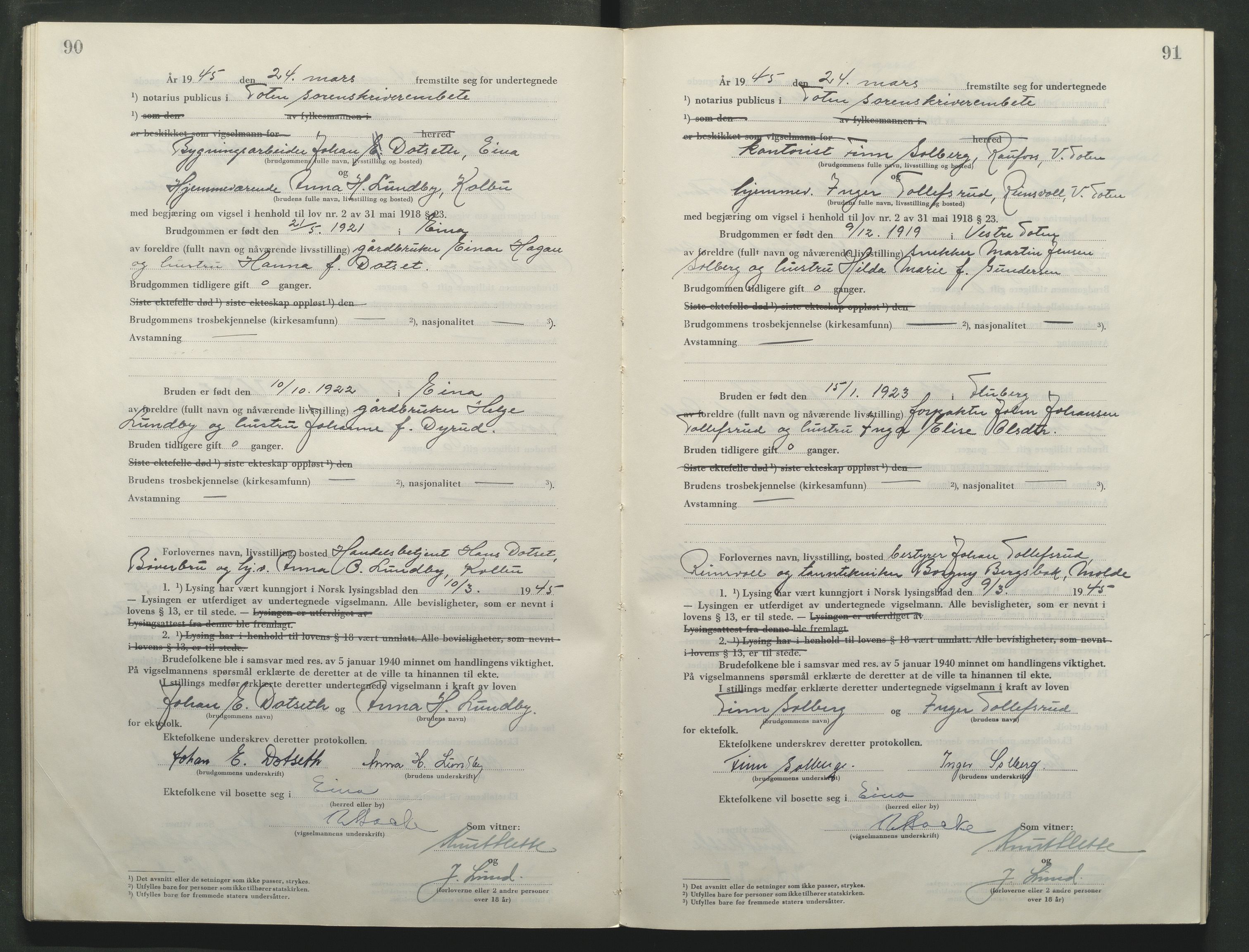 Toten tingrett, AV/SAH-TING-006/L/Lc/L0005: Vigselbok, 1944-1948, p. 90-91