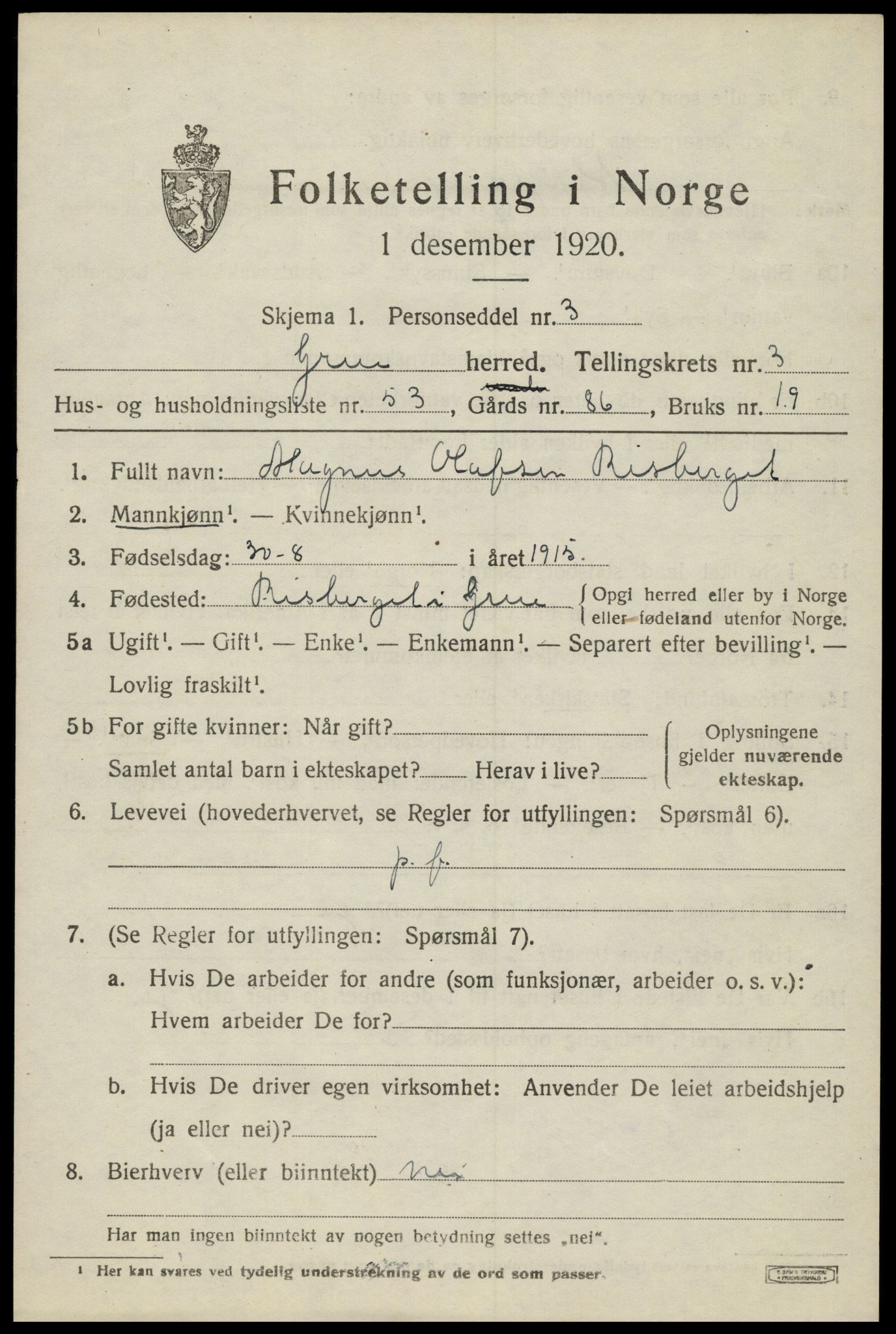 SAH, 1920 census for Grue, 1920, p. 4315