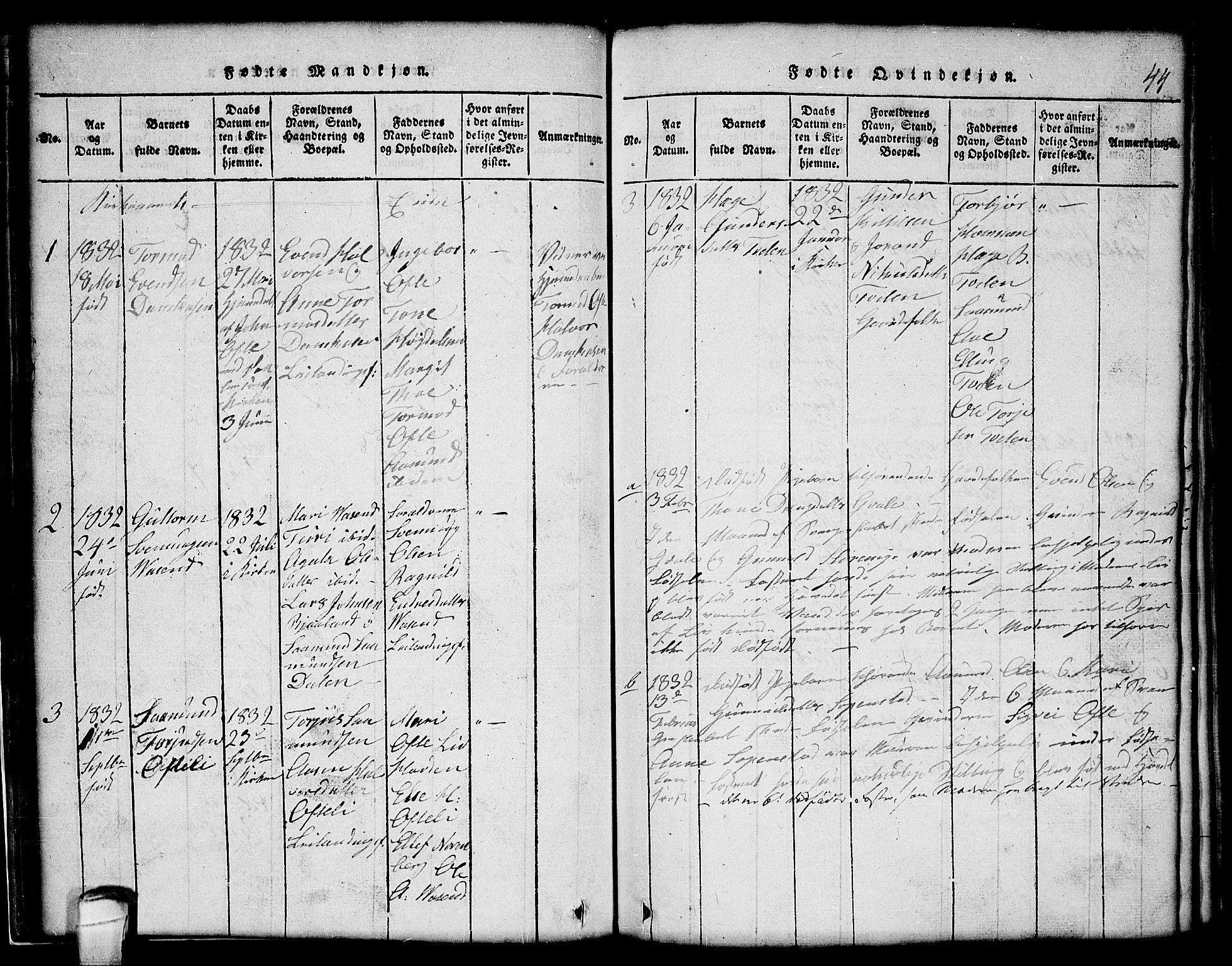 Lårdal kirkebøker, SAKO/A-284/G/Gc/L0001: Parish register (copy) no. III 1, 1815-1854, p. 44