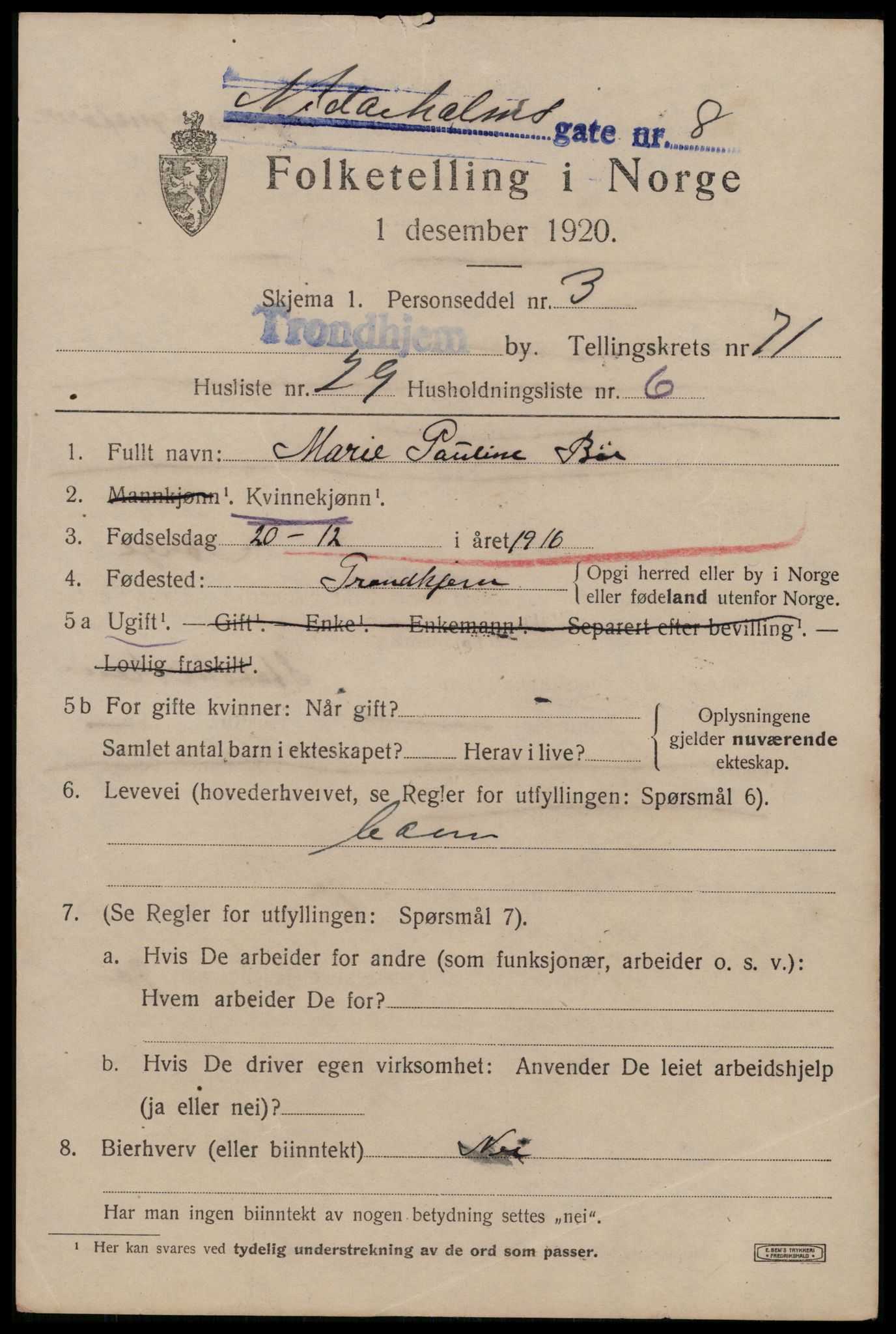 SAT, 1920 census for Trondheim, 1920, p. 141042