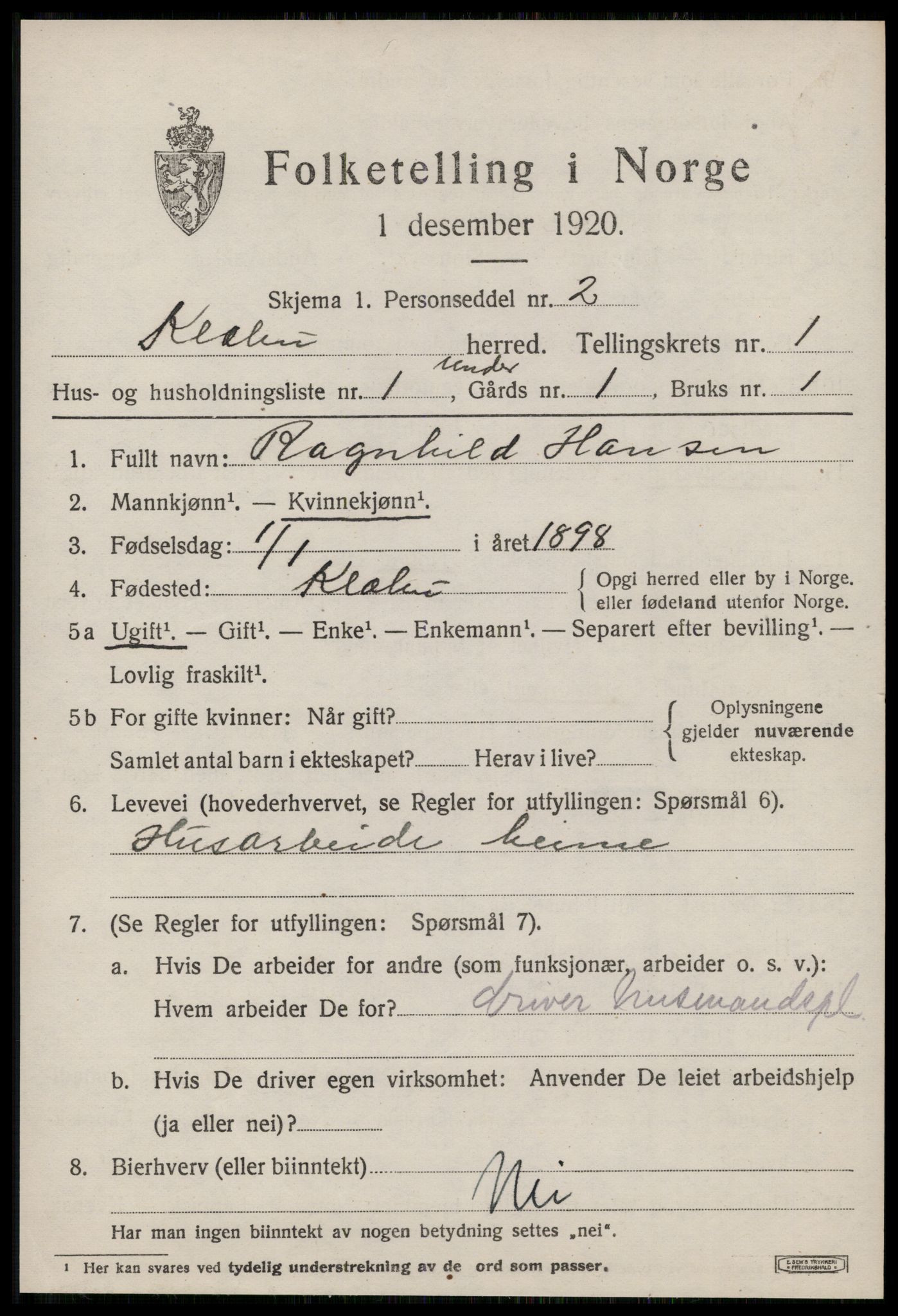 SAT, 1920 census for Klæbu, 1920, p. 354