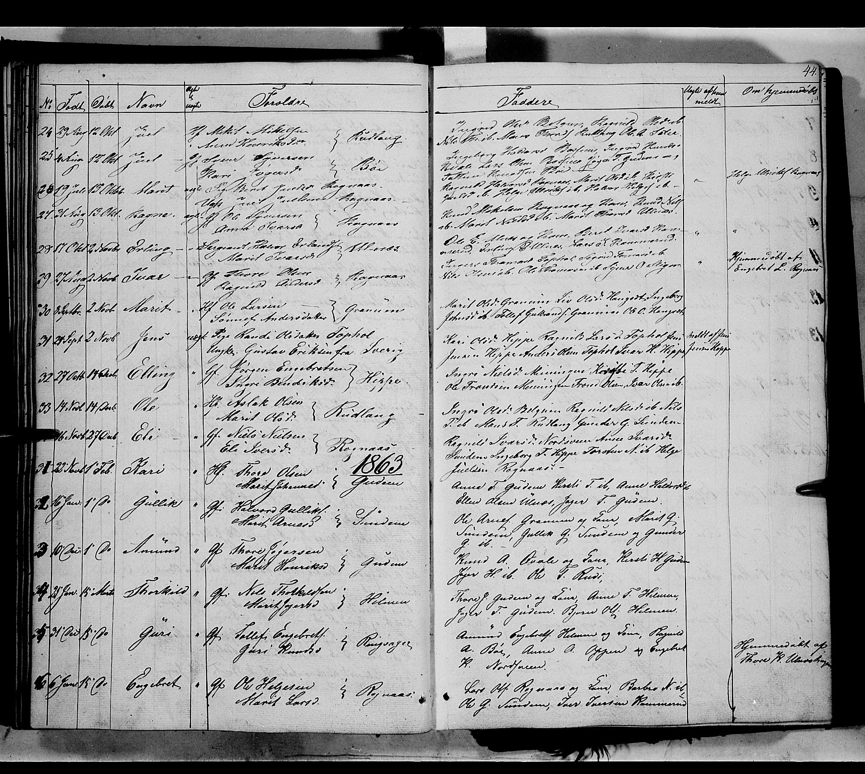 Nord-Aurdal prestekontor, SAH/PREST-132/H/Ha/Haa/L0006: Parish register (official) no. 6, 1842-1863, p. 44
