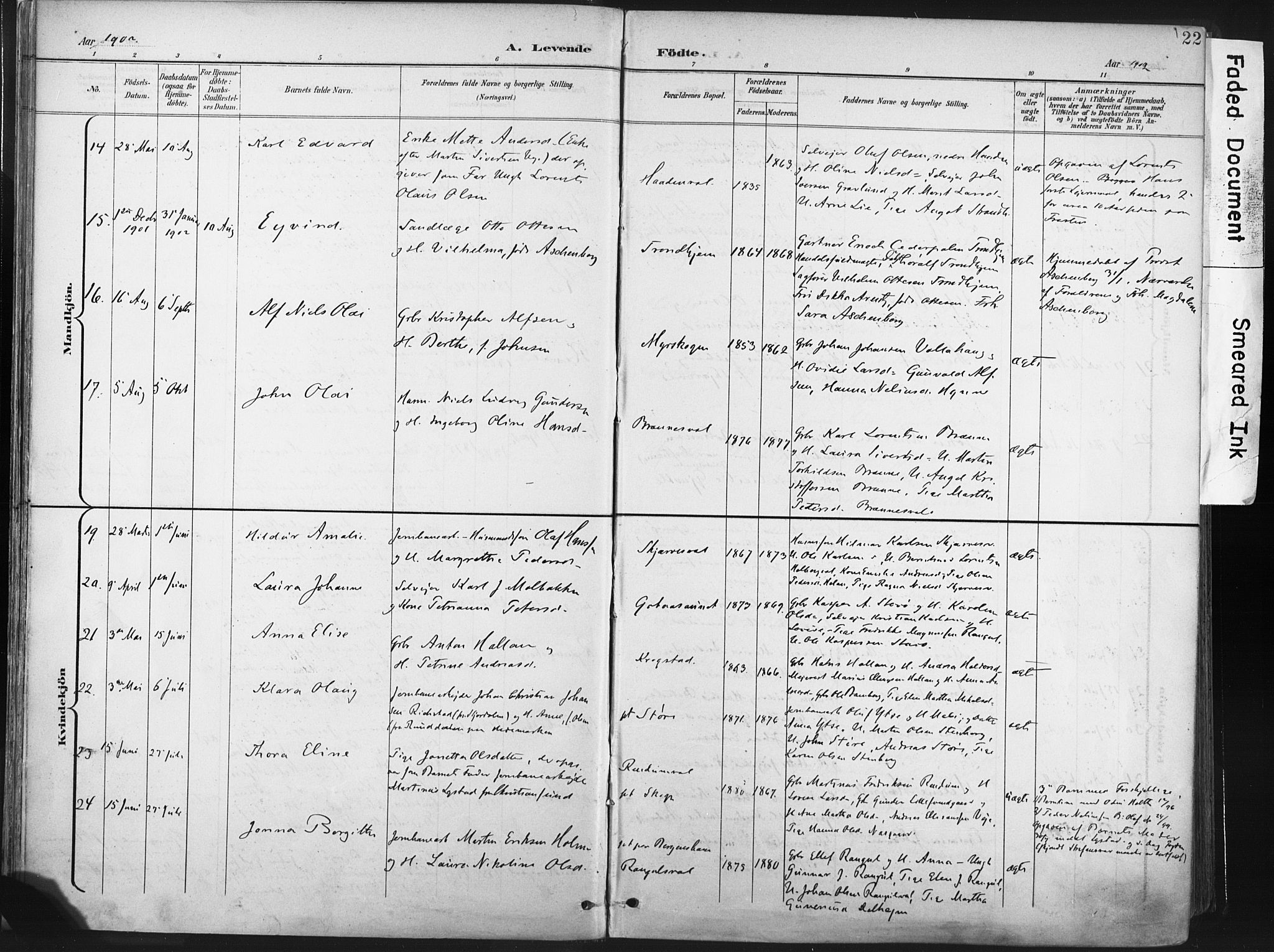 Ministerialprotokoller, klokkerbøker og fødselsregistre - Nord-Trøndelag, AV/SAT-A-1458/717/L0162: Parish register (official) no. 717A12, 1898-1923, p. 22