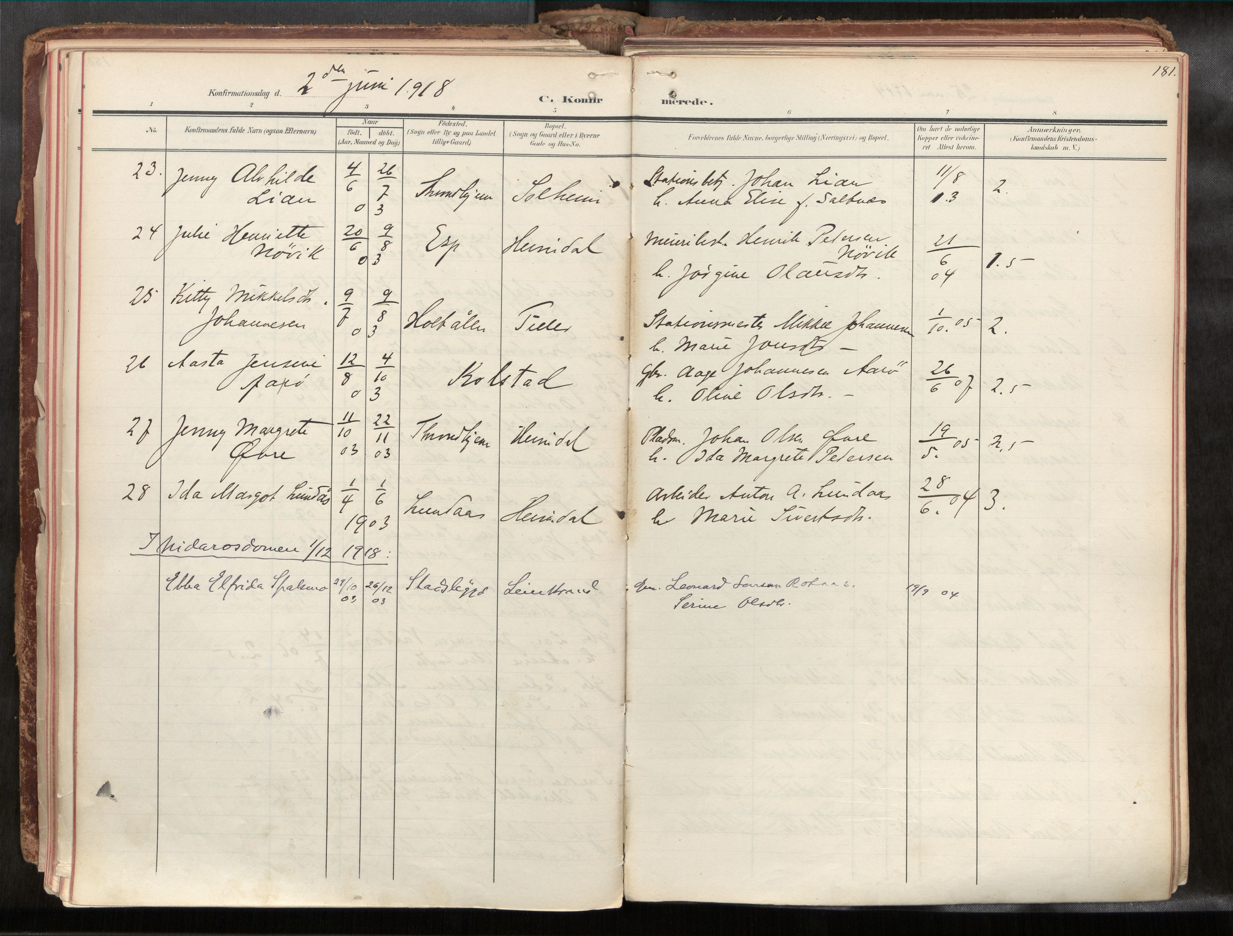 Ministerialprotokoller, klokkerbøker og fødselsregistre - Sør-Trøndelag, AV/SAT-A-1456/691/L1085b: Parish register (official) no. 691A18, 1908-1930, p. 181