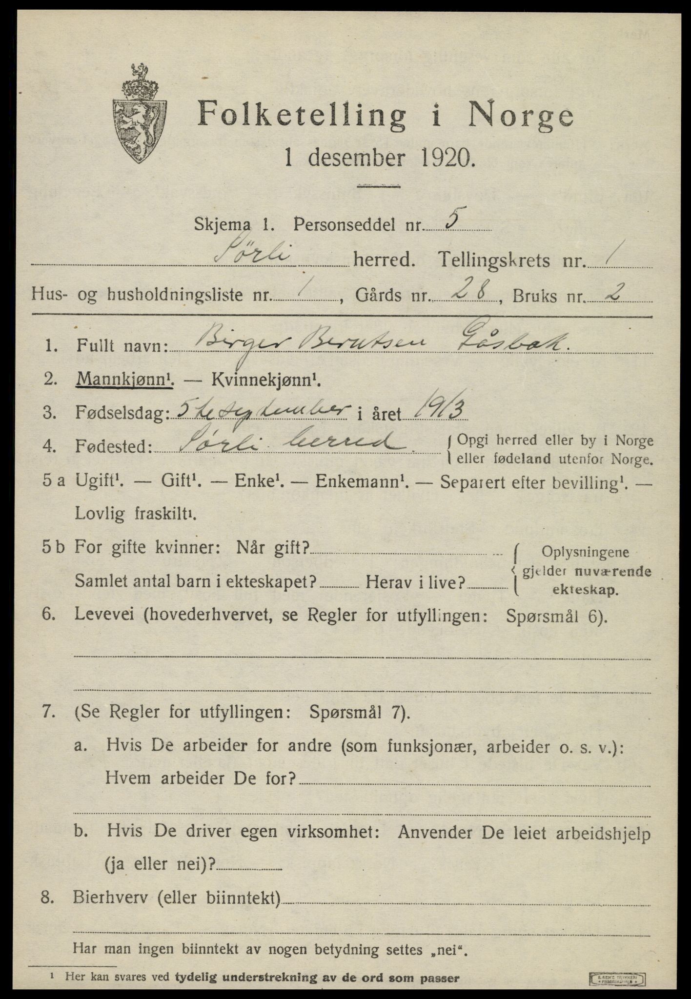 SAT, 1920 census for Sørli, 1920, p. 275