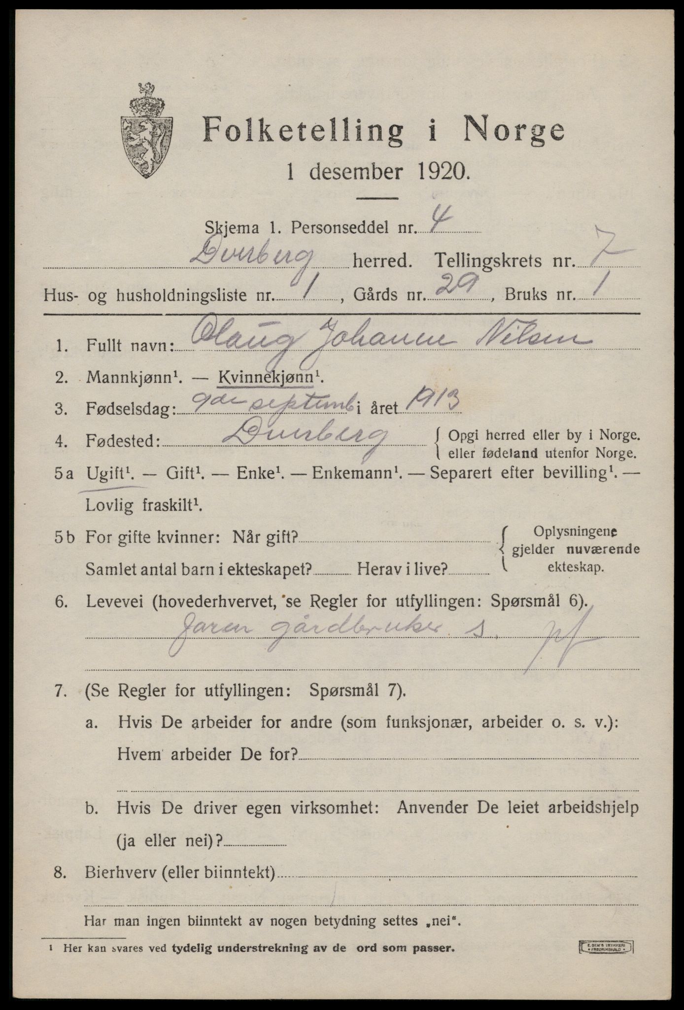 SAT, 1920 census for Dverberg, 1920, p. 6640