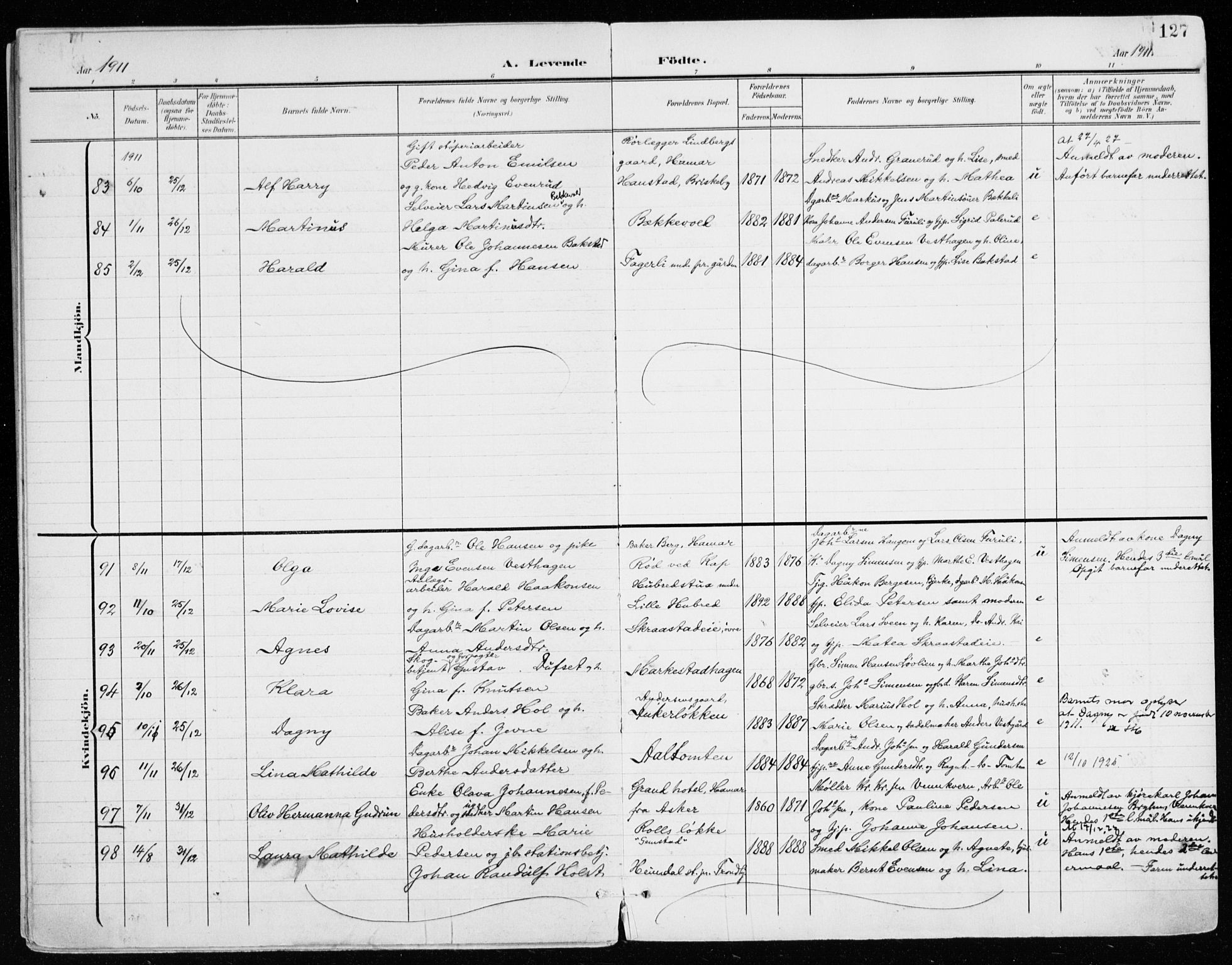 Vang prestekontor, Hedmark, AV/SAH-PREST-008/H/Ha/Haa/L0021: Parish register (official) no. 21, 1902-1917, p. 127