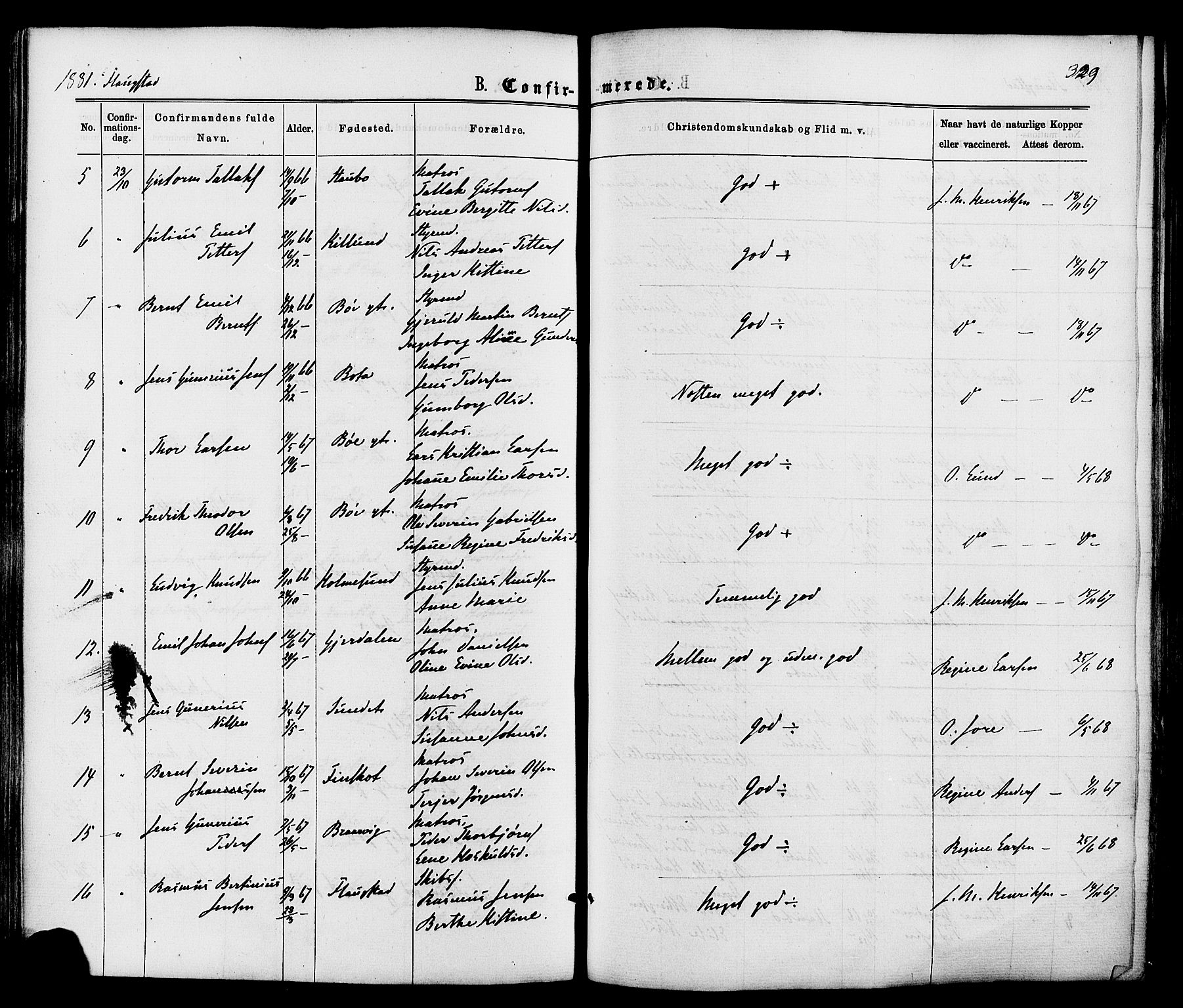 Dypvåg sokneprestkontor, SAK/1111-0007/F/Fa/Faa/L0007: Parish register (official) no. A 7 /2, 1877-1884, p. 329