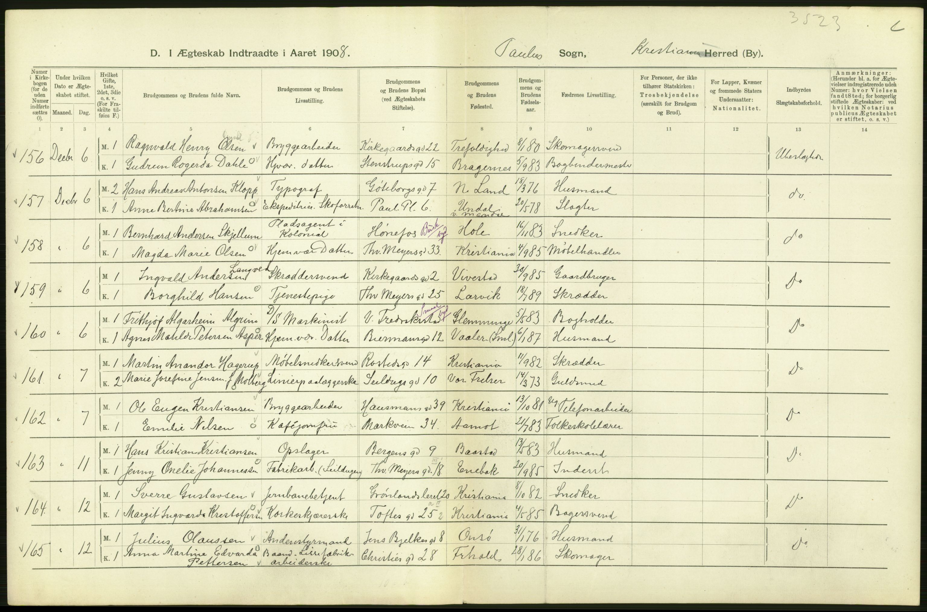 Statistisk sentralbyrå, Sosiodemografiske emner, Befolkning, AV/RA-S-2228/D/Df/Dfa/Dfaf/L0007: Kristiania: Gifte, 1908, p. 250