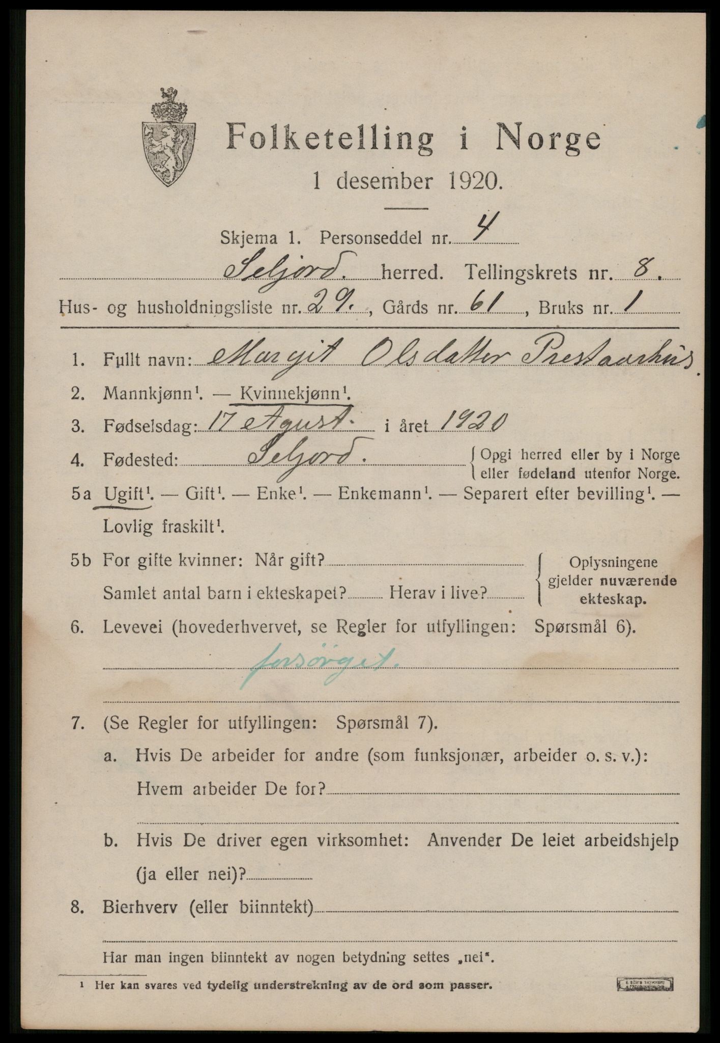 SAKO, 1920 census for Seljord, 1920, p. 4202