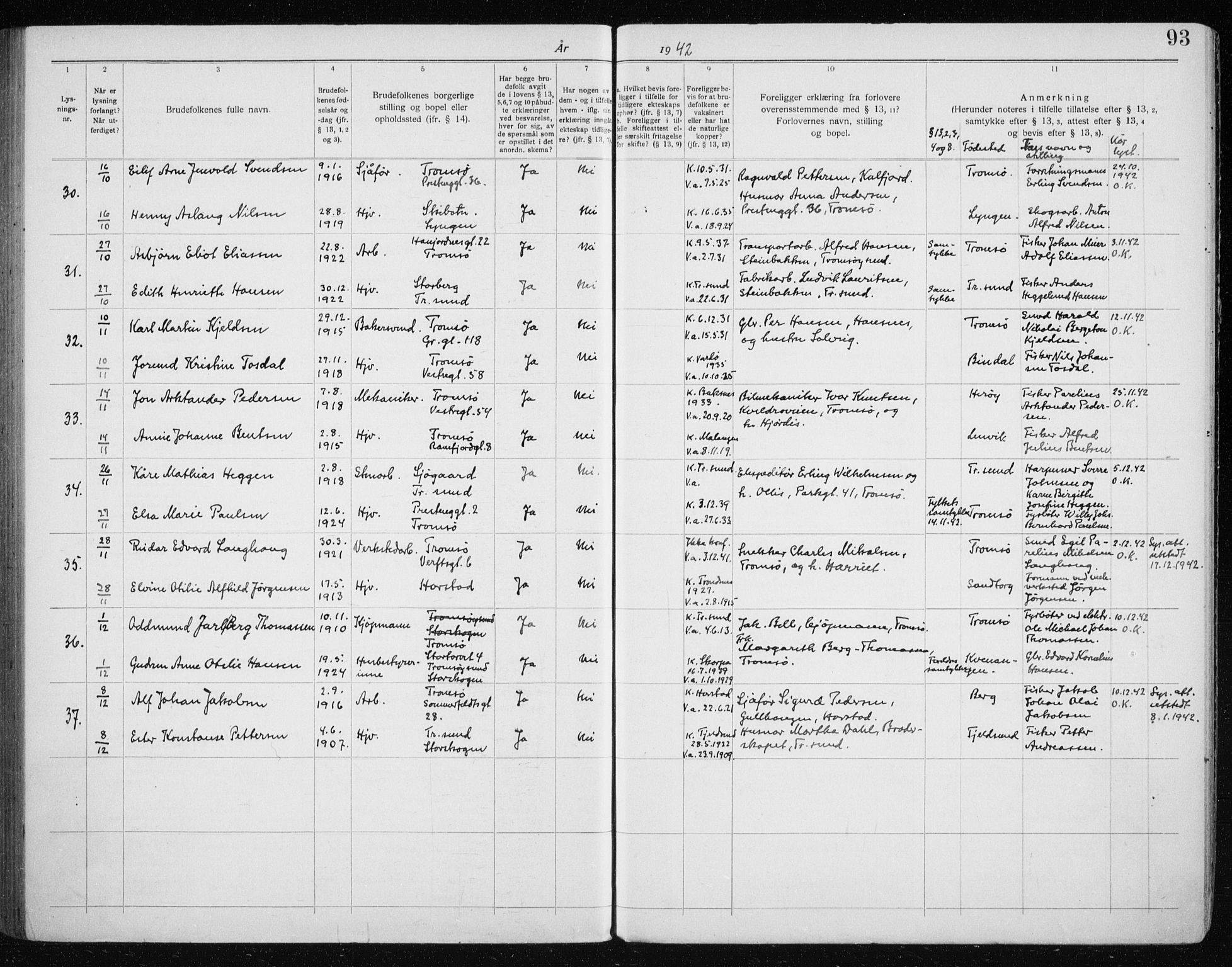 Tromsø sokneprestkontor/stiftsprosti/domprosti, AV/SATØ-S-1343/H/Hc/L0101: Banns register no. 101, 1933-1943, p. 93