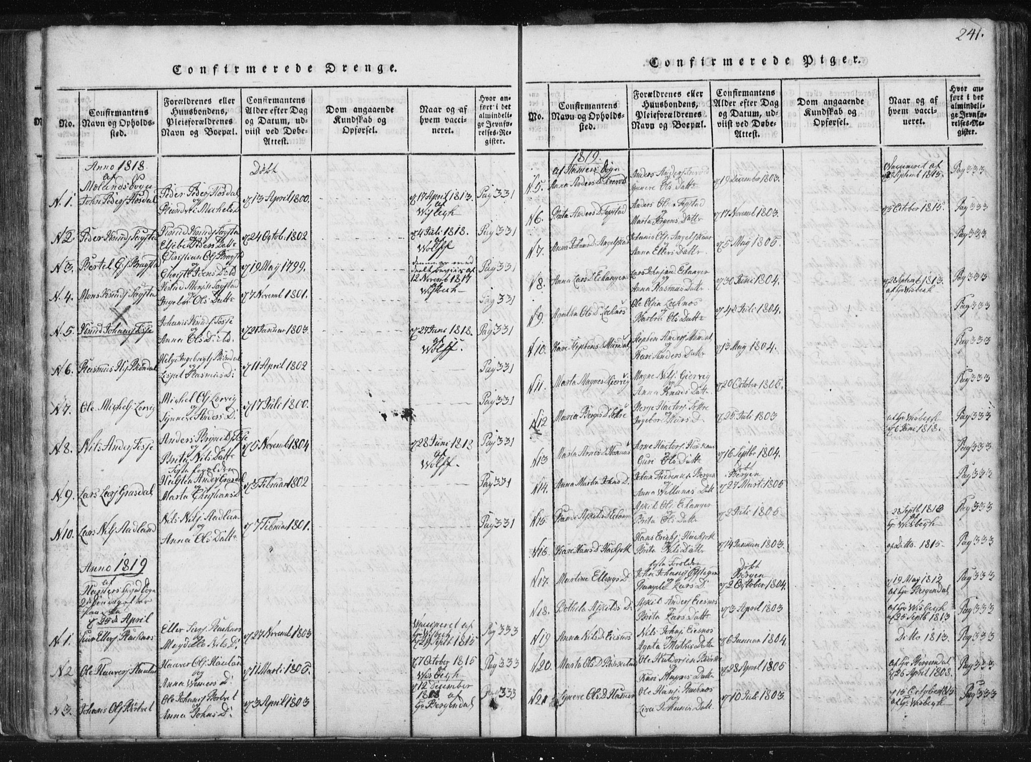 Hamre sokneprestembete, AV/SAB-A-75501/H/Ha/Haa/Haaa/L0010: Parish register (official) no. A 10, 1816-1826, p. 241