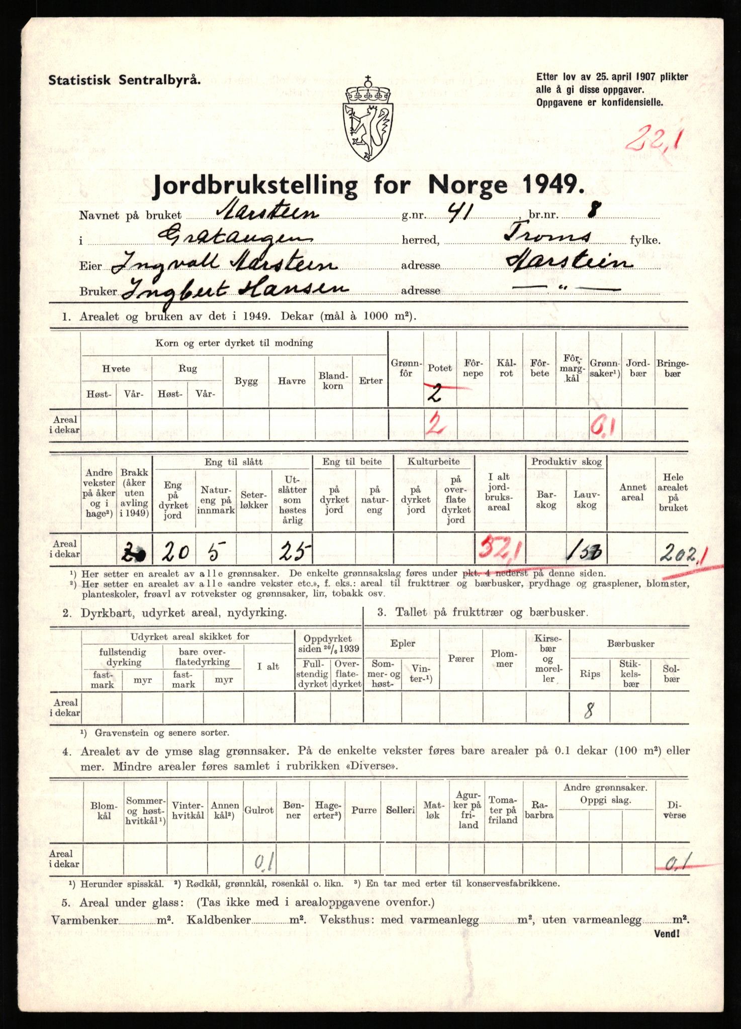 Statistisk sentralbyrå, Næringsøkonomiske emner, Jordbruk, skogbruk, jakt, fiske og fangst, AV/RA-S-2234/G/Gc/L0437: Troms: Gratangen og Lavangen, 1949, p. 1268
