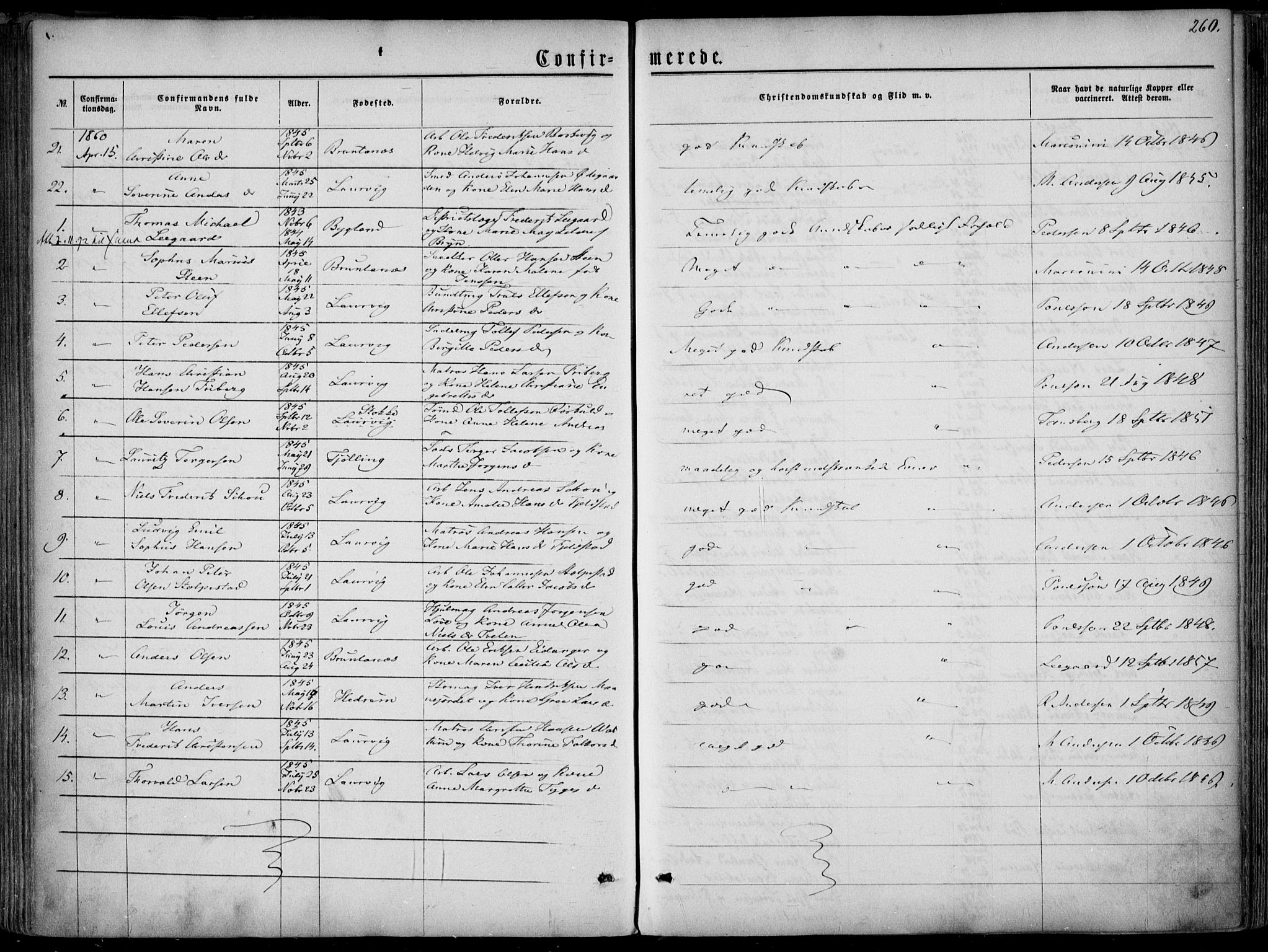 Larvik kirkebøker, AV/SAKO-A-352/F/Fa/L0004: Parish register (official) no. I 4, 1856-1870, p. 260