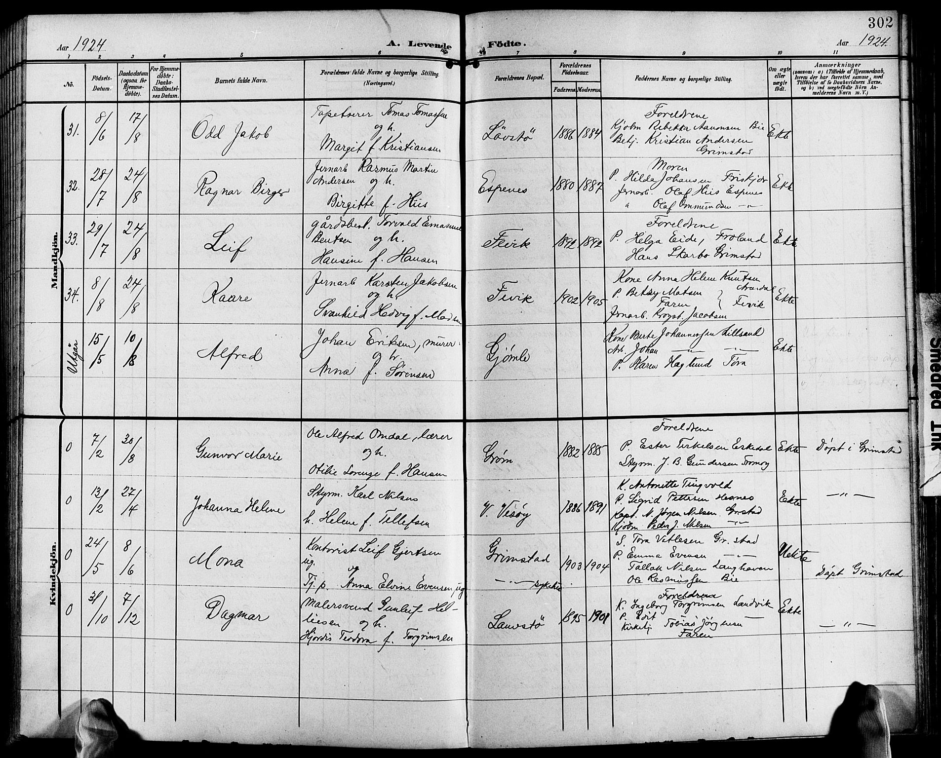 Fjære sokneprestkontor, AV/SAK-1111-0011/F/Fb/L0012: Parish register (copy) no. B 12, 1902-1925, p. 302