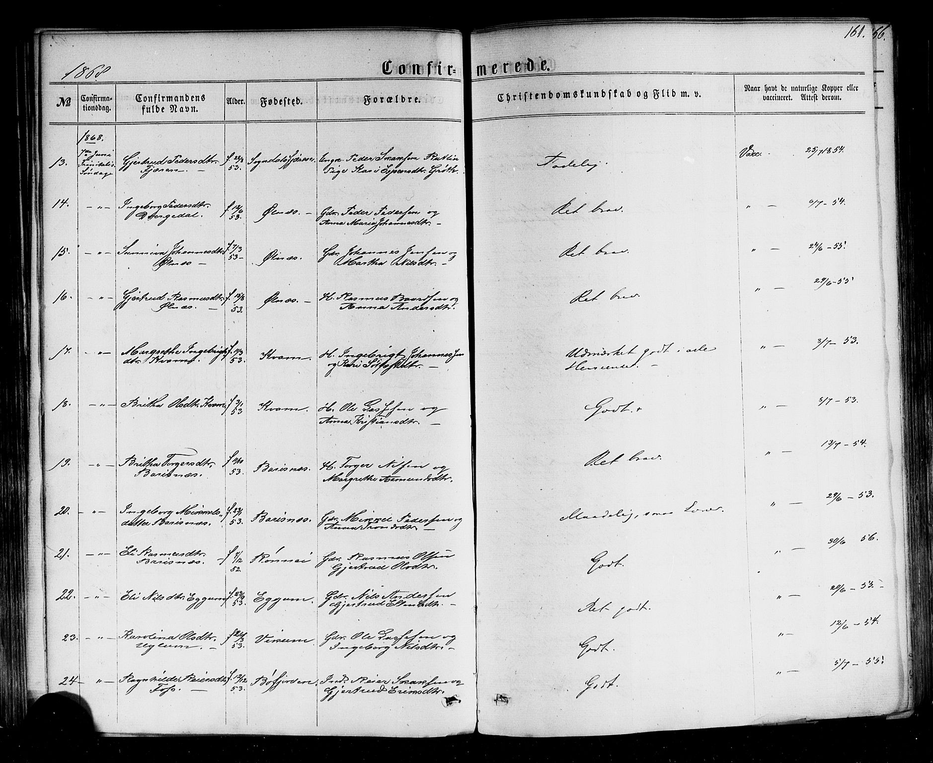 Sogndal sokneprestembete, AV/SAB-A-81301/H/Haa/Haaa/L0013: Parish register (official) no. A 13, 1859-1877, p. 161