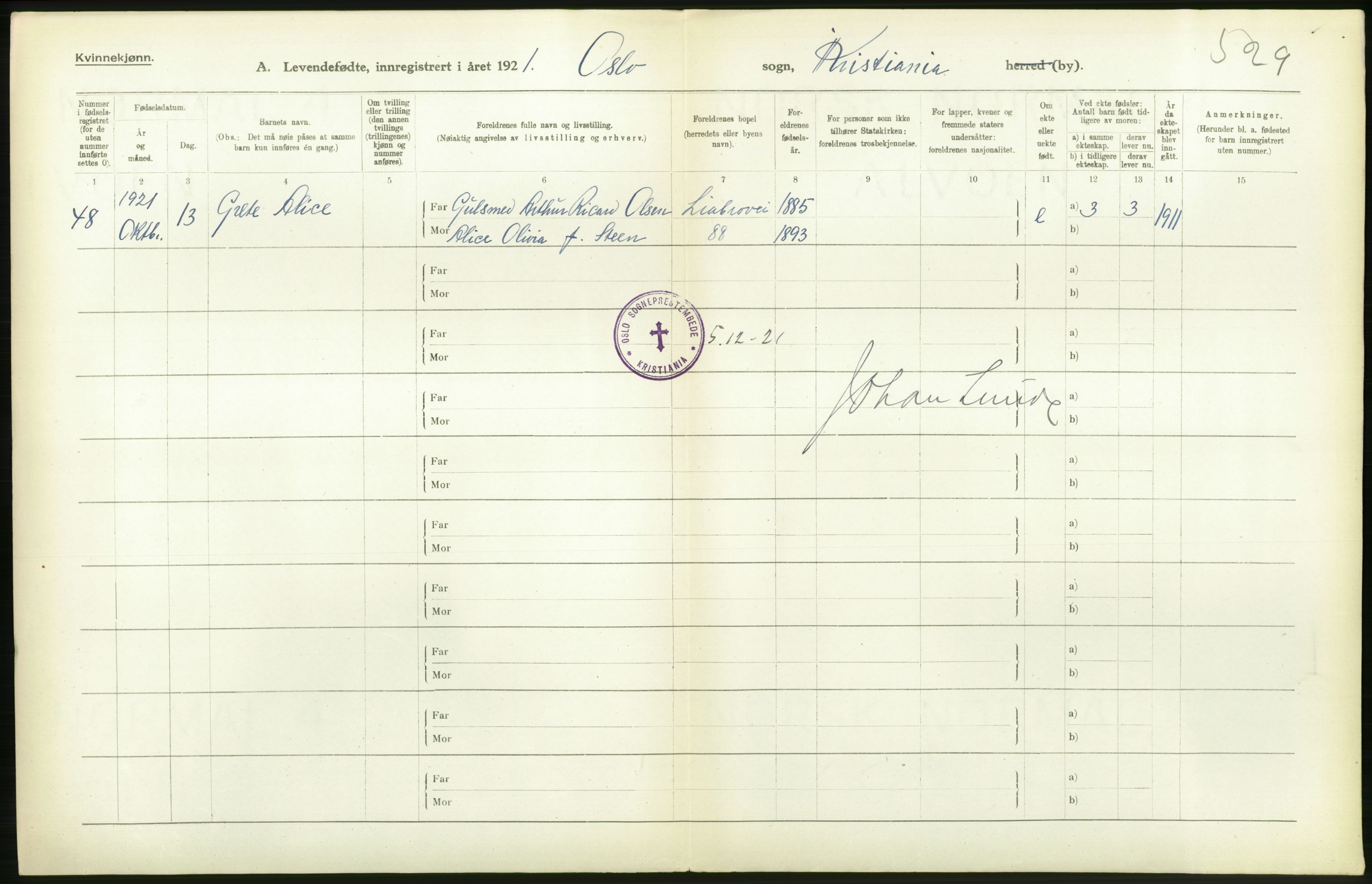 Statistisk sentralbyrå, Sosiodemografiske emner, Befolkning, RA/S-2228/D/Df/Dfc/Dfca/L0009: Kristiania: Levendefødte menn og kvinner., 1921, p. 244