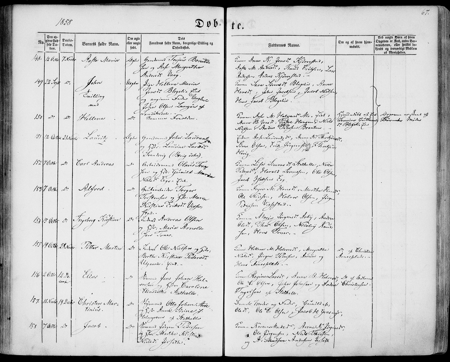 Bamble kirkebøker, SAKO/A-253/F/Fa/L0005: Parish register (official) no. I 5, 1854-1869, p. 67