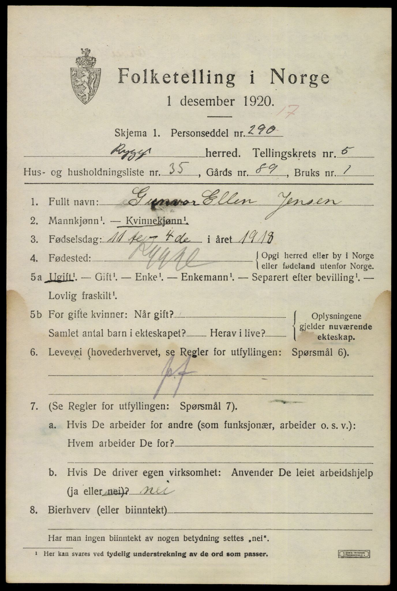 SAO, 1920 census for Rygge, 1920, p. 10165