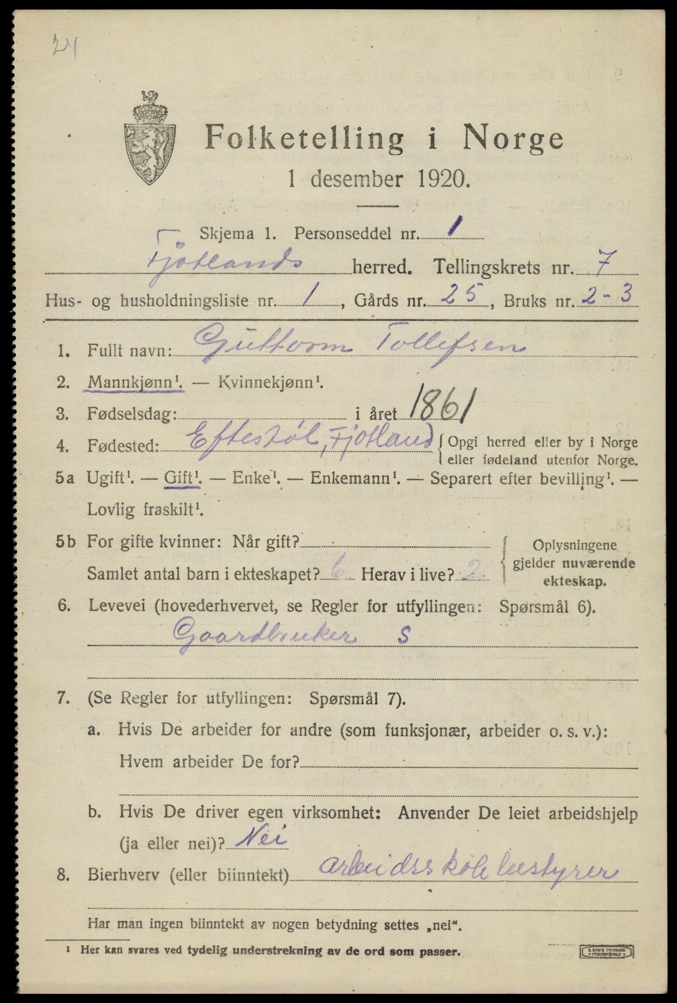 SAK, 1920 census for Fjotland, 1920, p. 1812