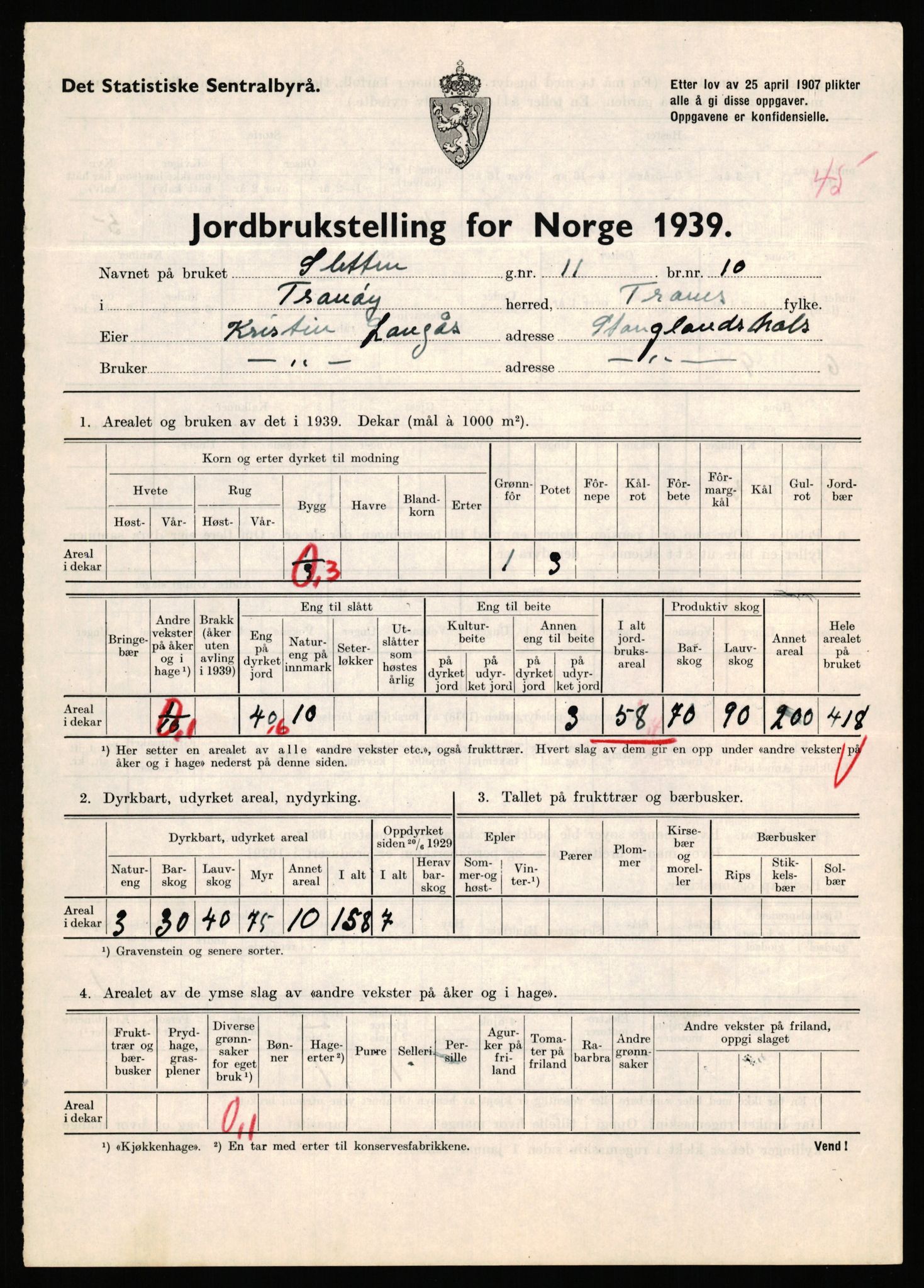 Statistisk sentralbyrå, Næringsøkonomiske emner, Jordbruk, skogbruk, jakt, fiske og fangst, AV/RA-S-2234/G/Gb/L0341: Troms: Sørreisa og Tranøy, 1939, p. 1632