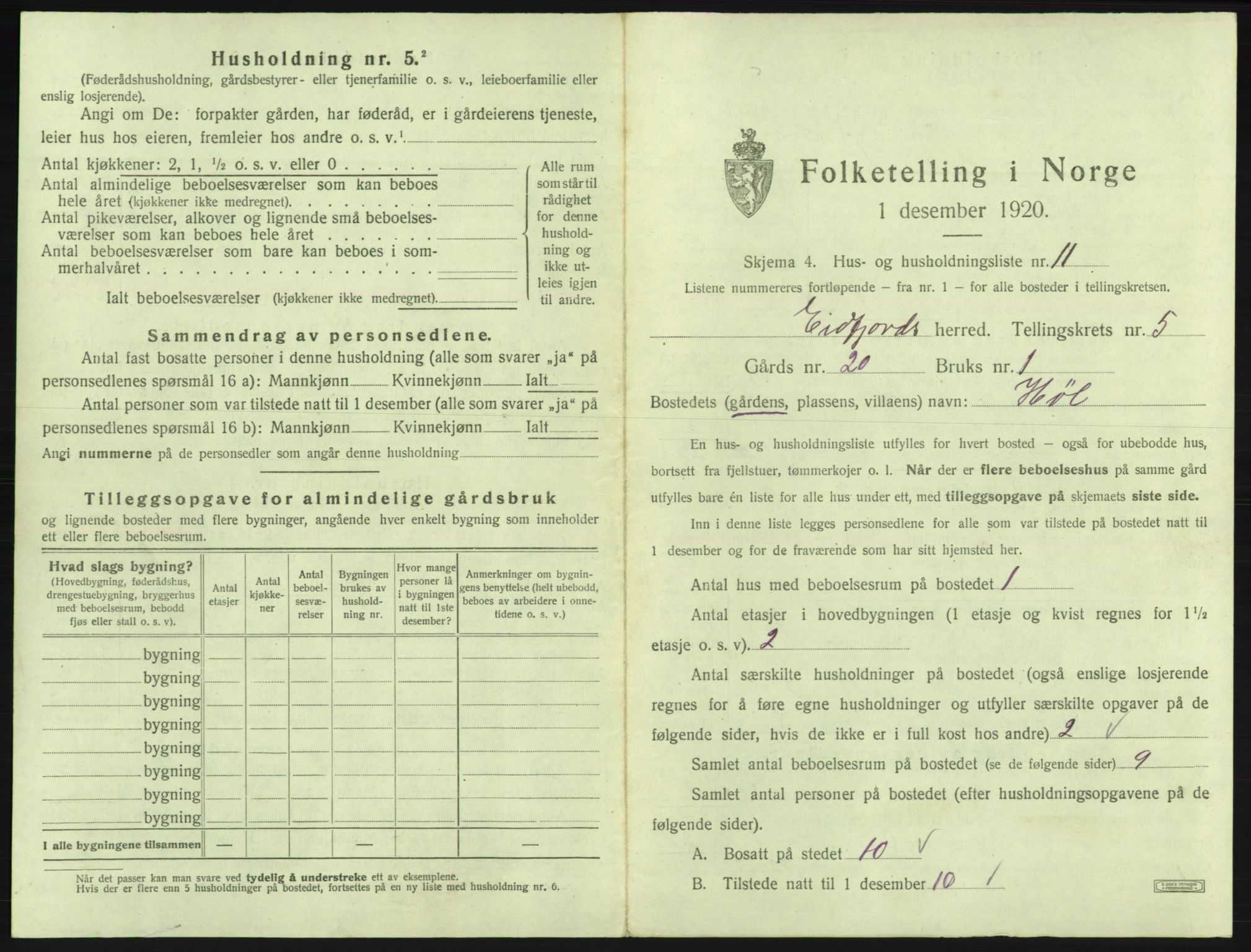 SAB, 1920 census for Eidfjord, 1920, p. 310