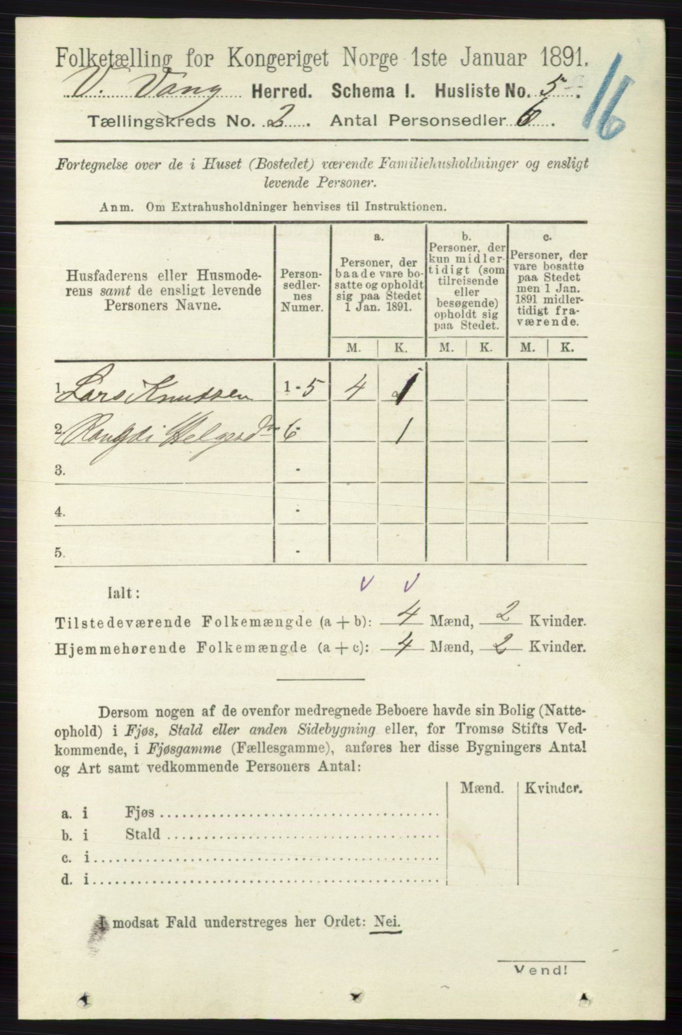 RA, 1891 census for 0545 Vang, 1891, p. 352